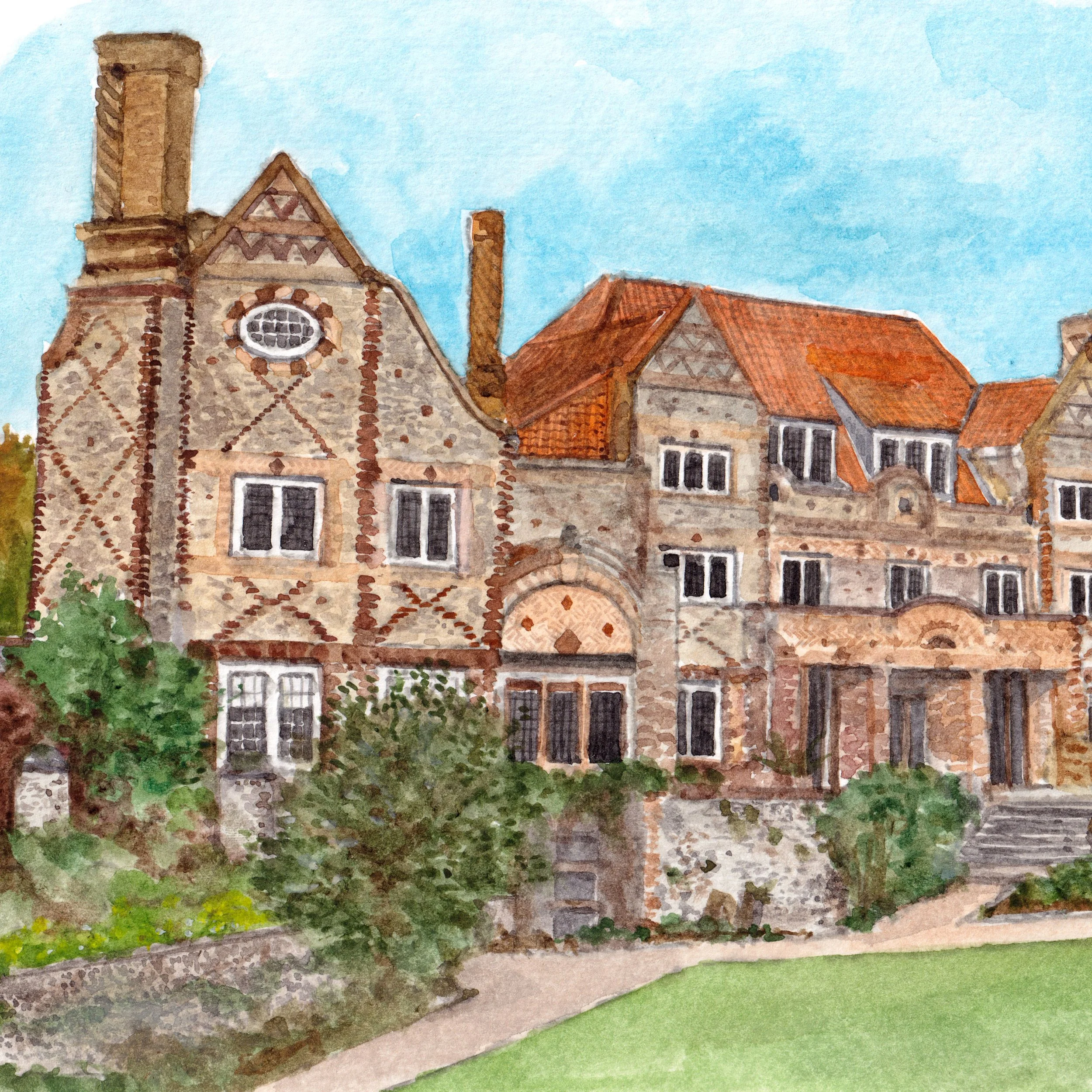 a watercolour painting of wedding venue Voewood