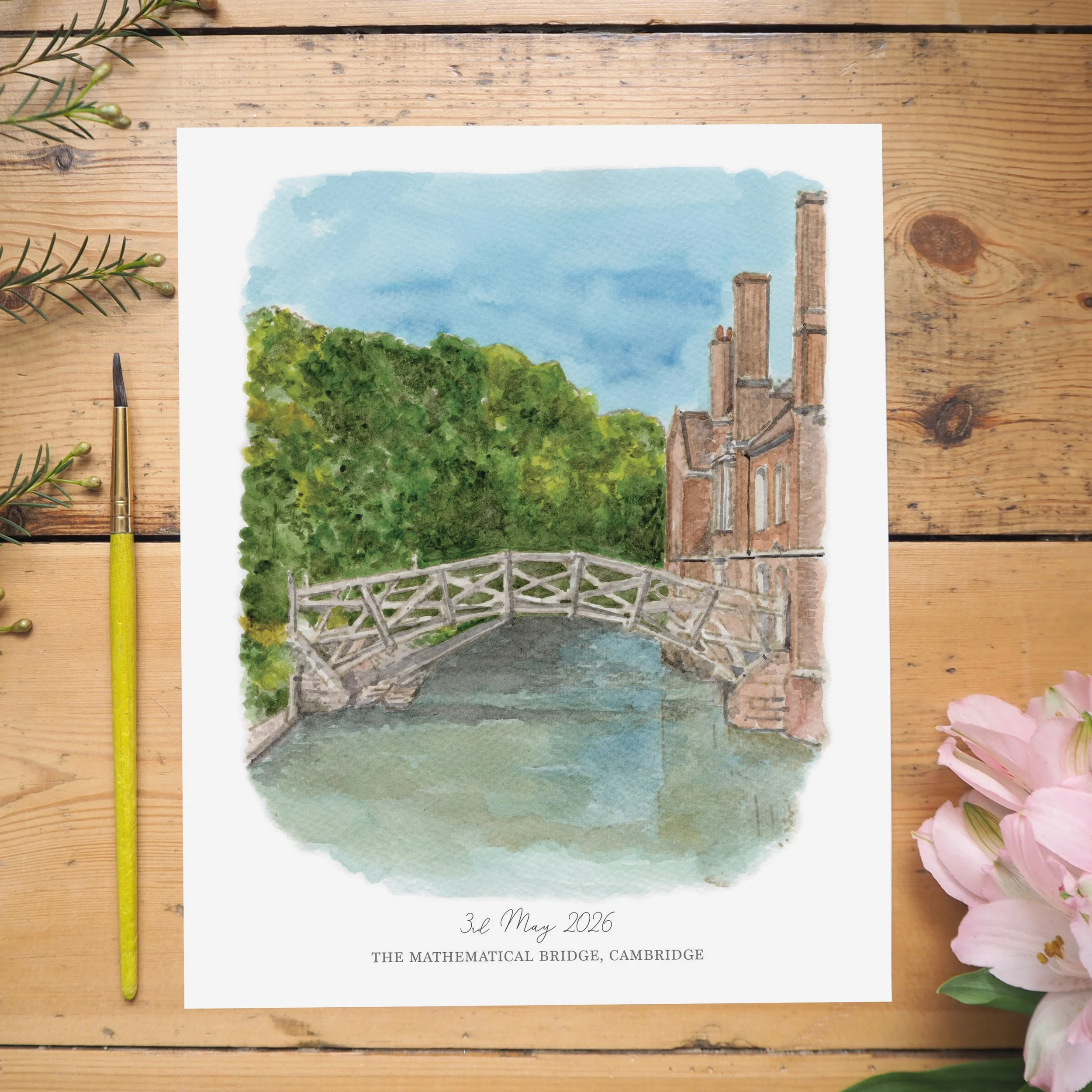 An unframed personalised print of a watercolour illustration of The Mathematical Bridge, Cambridge
