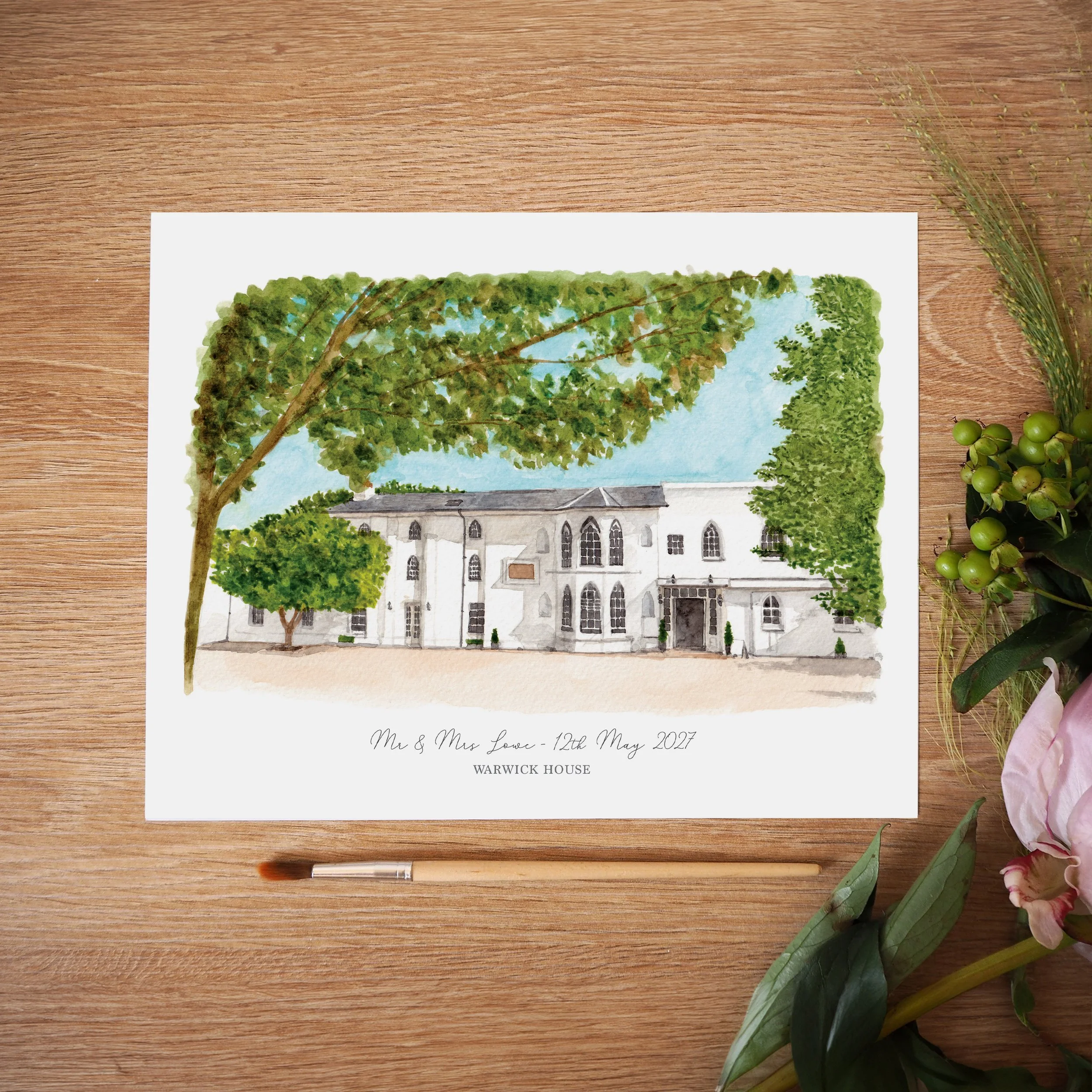 an unframed personalised print of a watercolour painting of wedding venue warwick house
