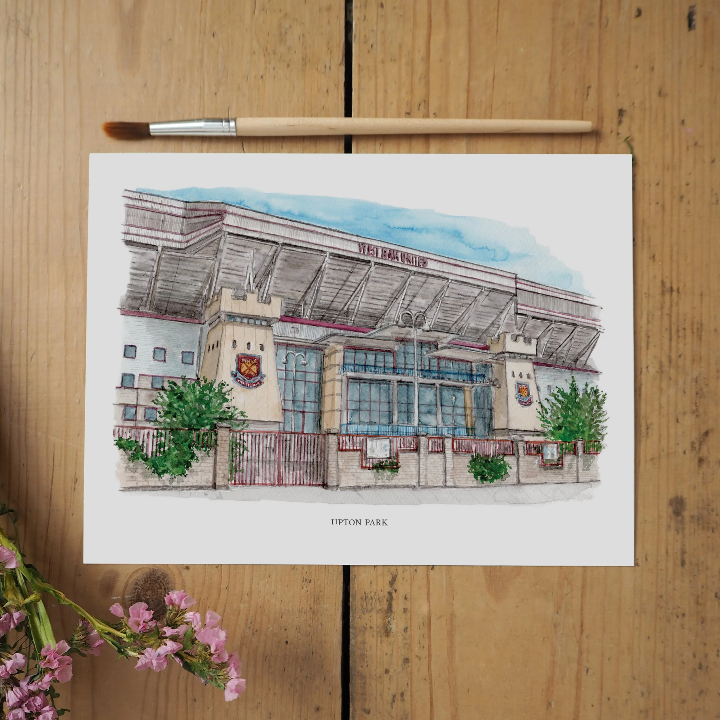 an unframed personalised print of a watercolour painting of Upton Park stadium (West Ham football ground)