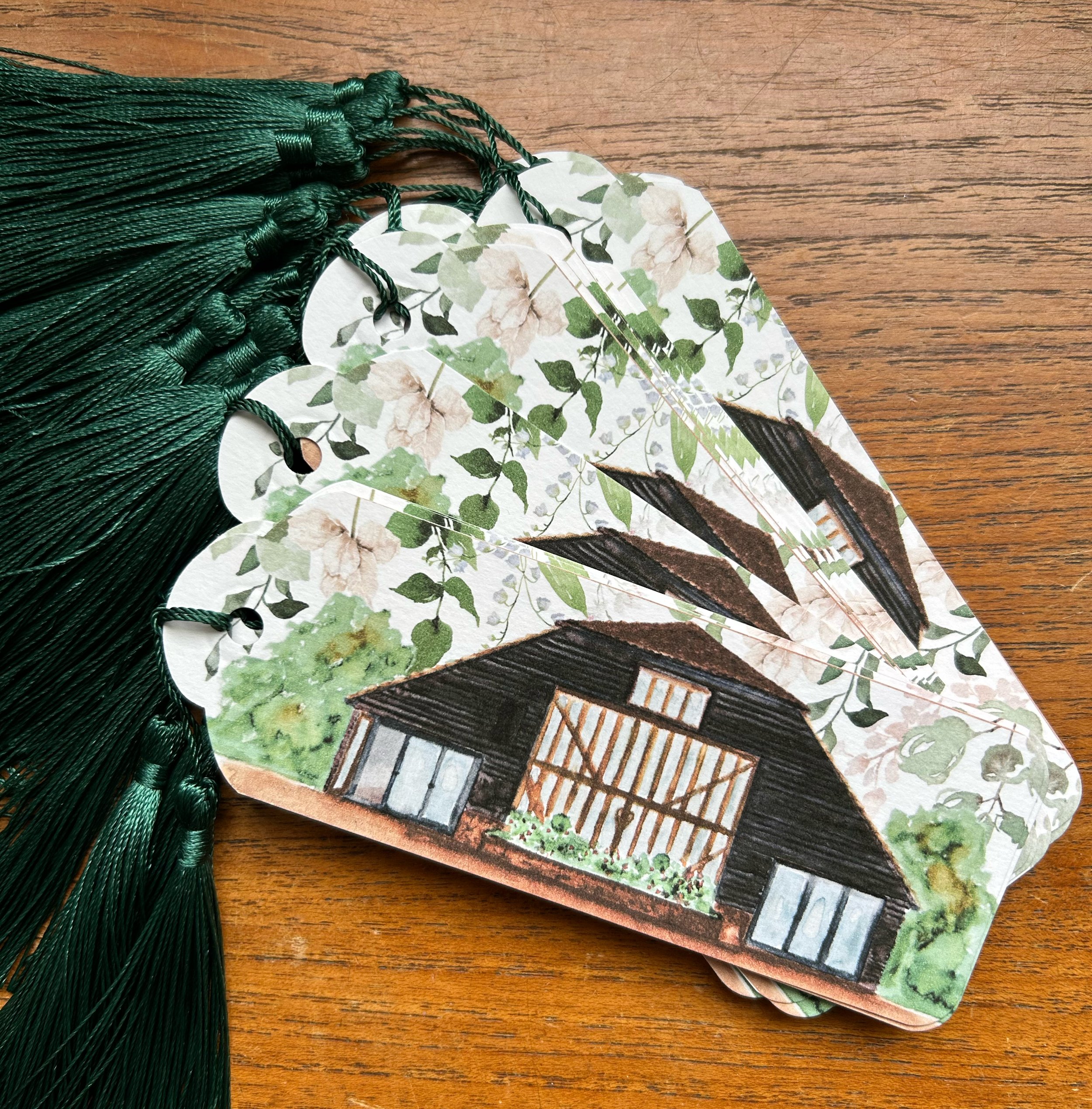 Watercolour venue illustration bookmarks with green tassels