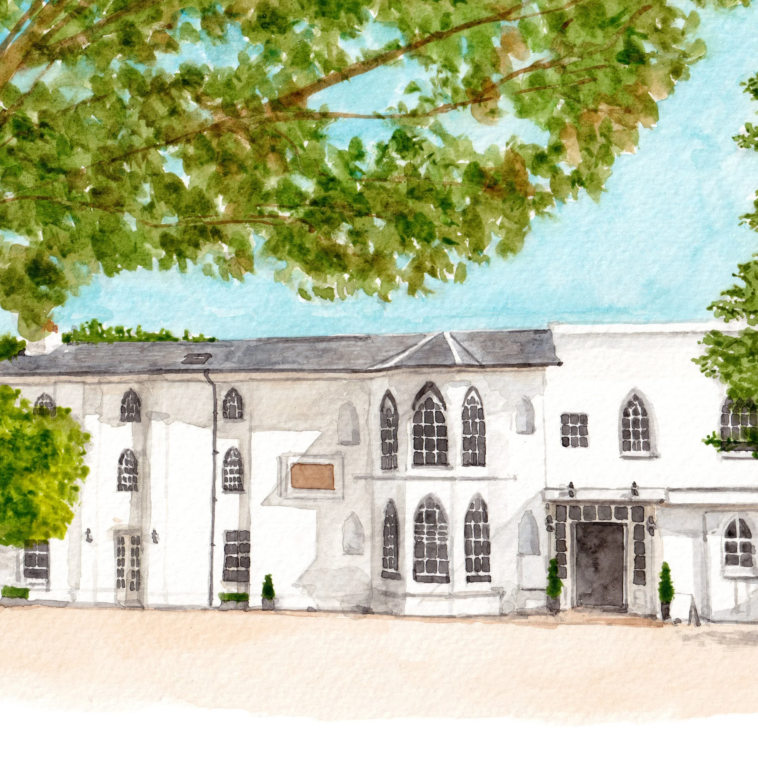a watercolour painting of wedding venue warwick house