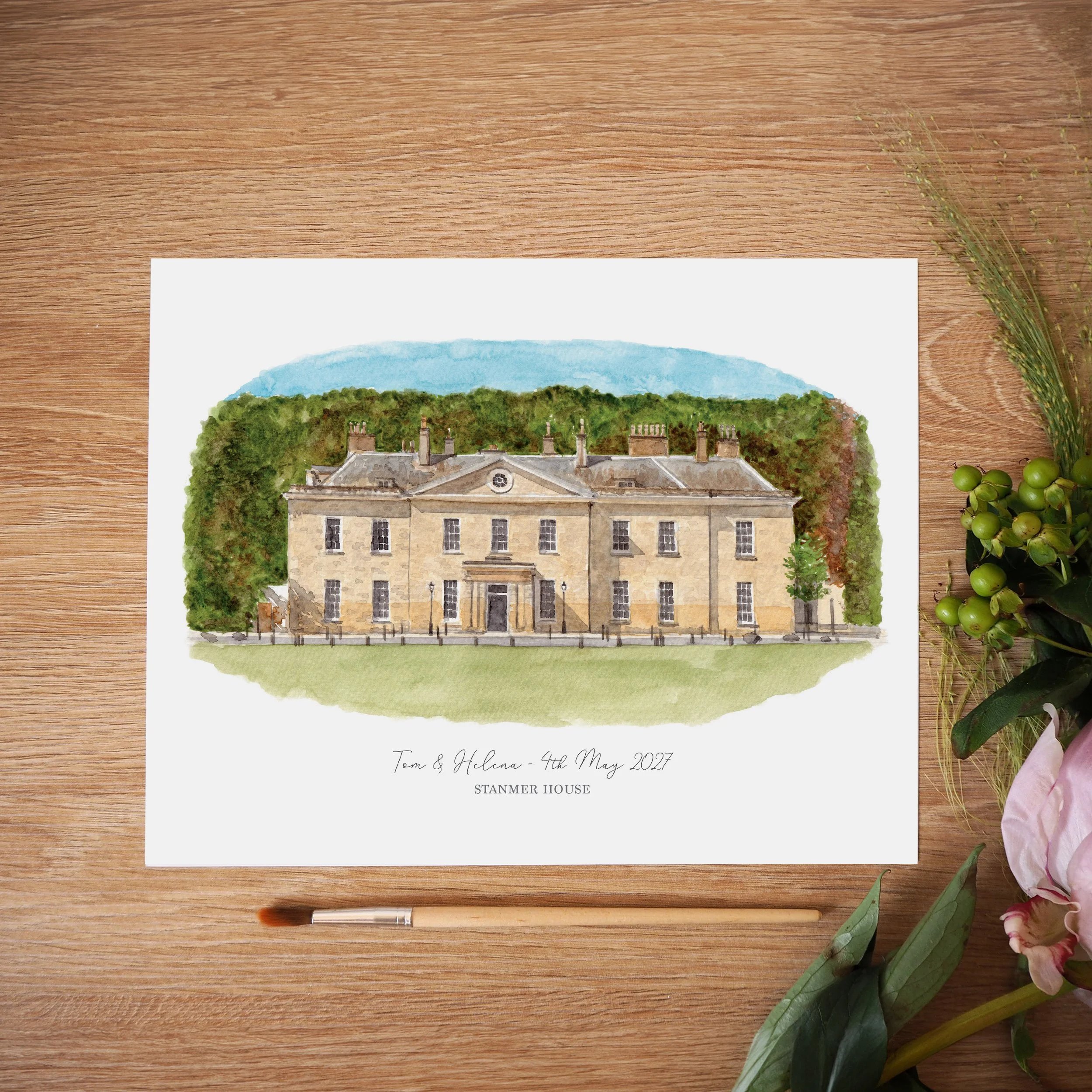 an unframed personalised print of a watercolour painting of wedding venue Stanmer House