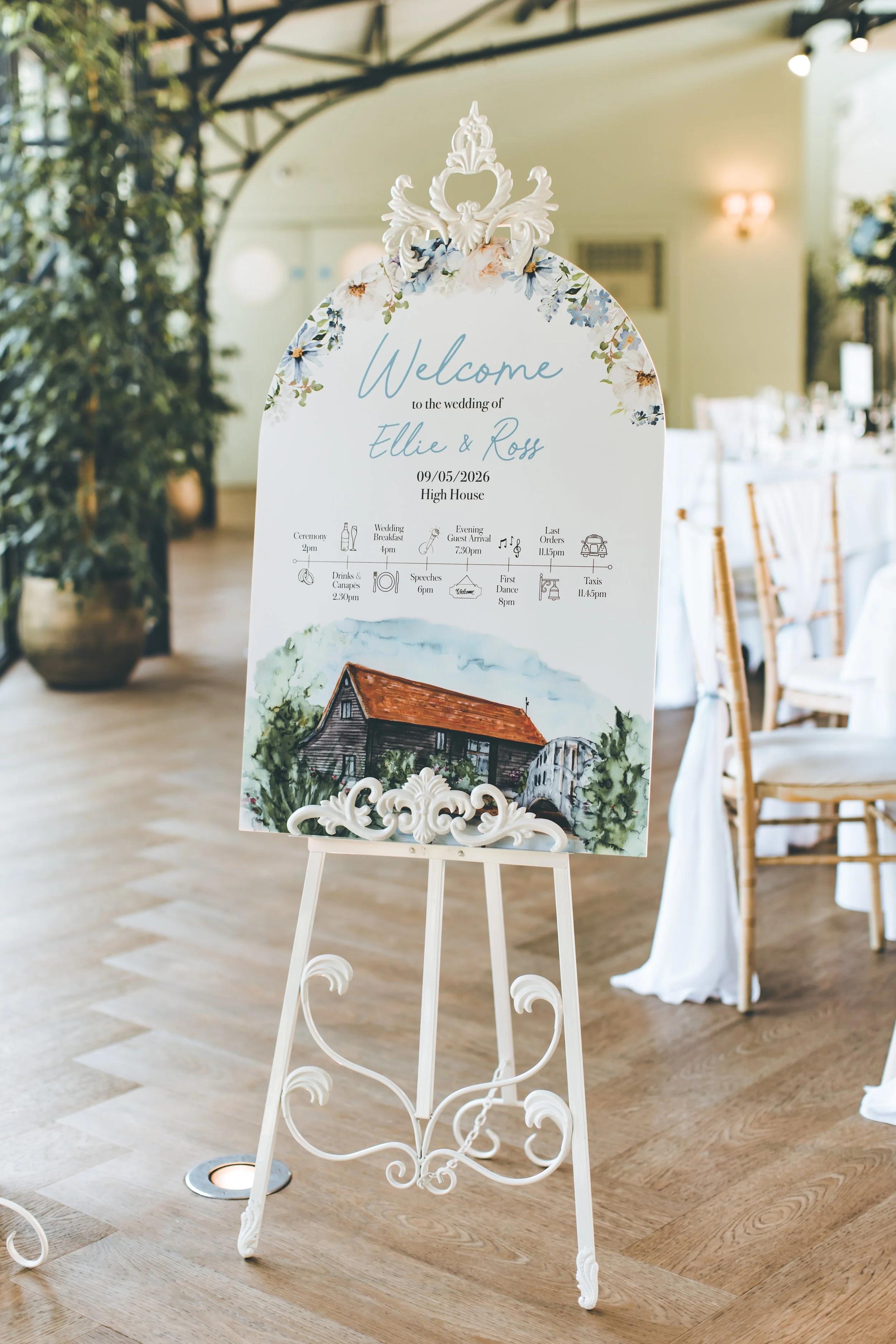 A wedding welcome sign featuring a watercolour illustration of High House and an order of the day timeline. Image by Shianne Mercer Photography