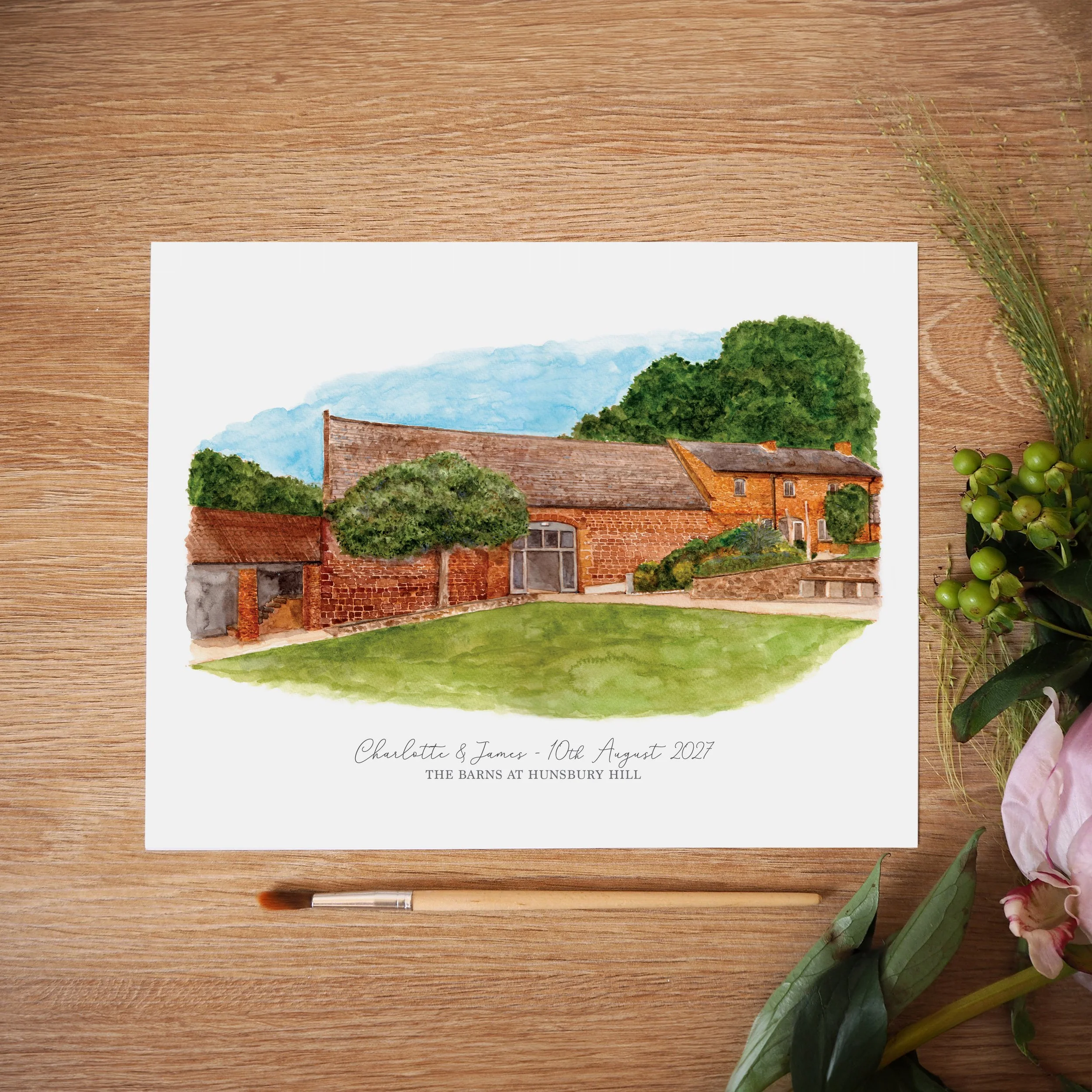 an unframed personalised print of a watercolour illustration of wedding venue The Barns at Hunsbury Hill