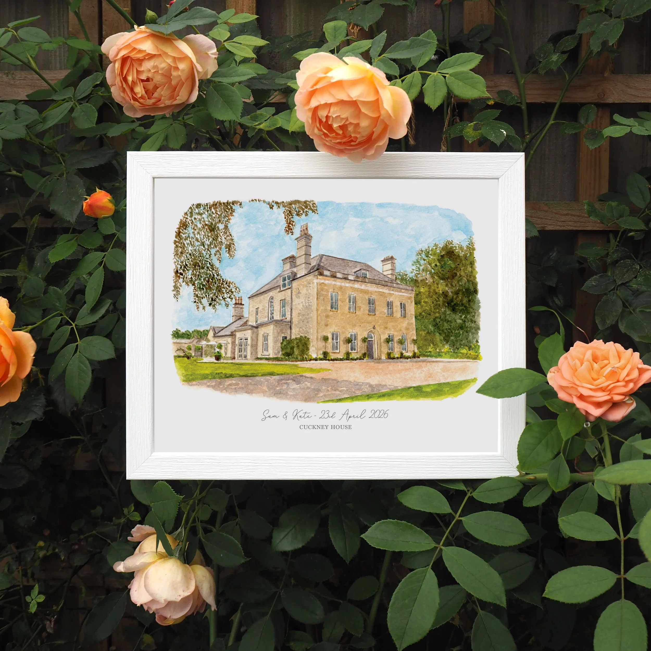 A framed personalised print of a watercolour illustration of wedding venue Cuckney House