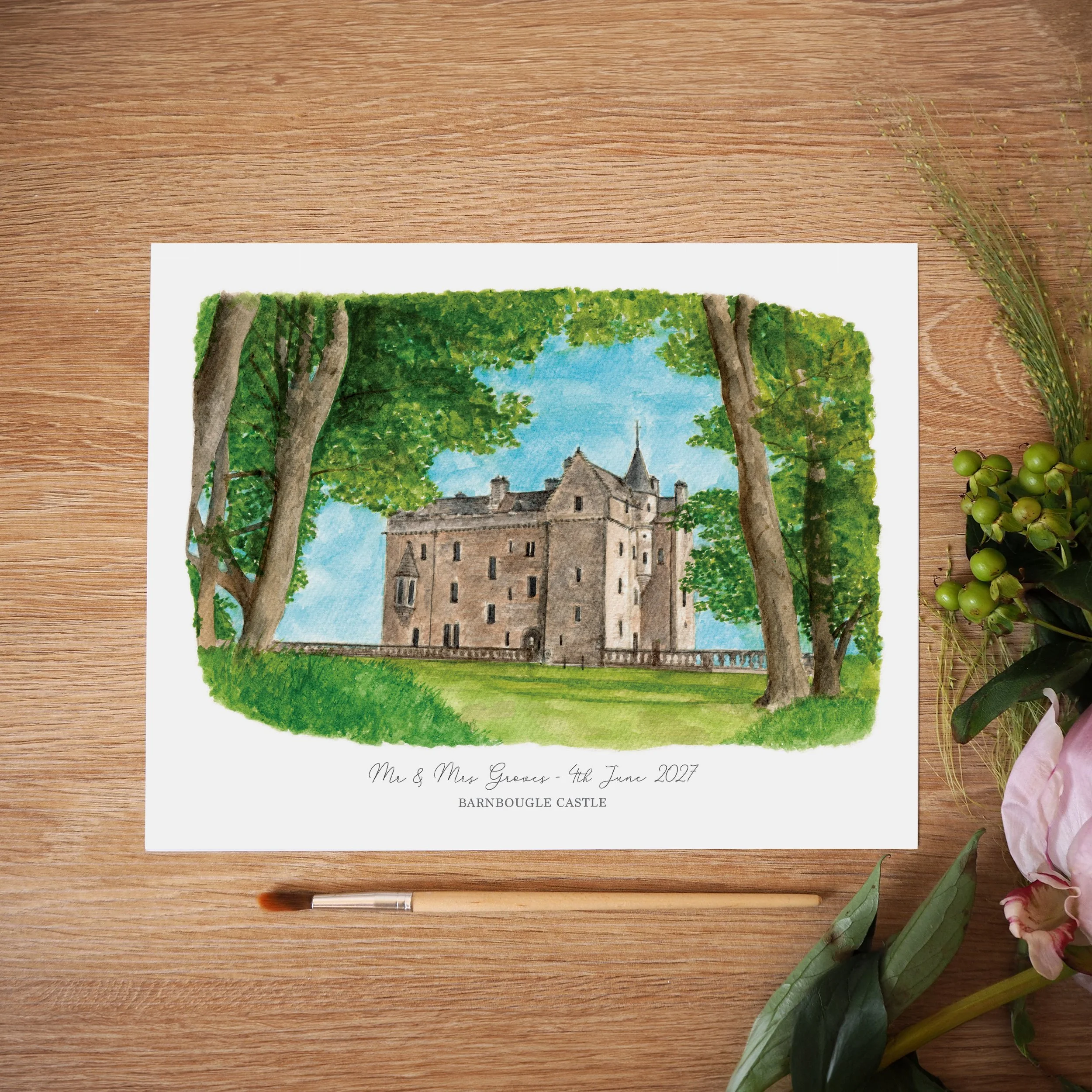 an unframed personalised print of a watercolour painting of wedding venue Barnbougle Castle