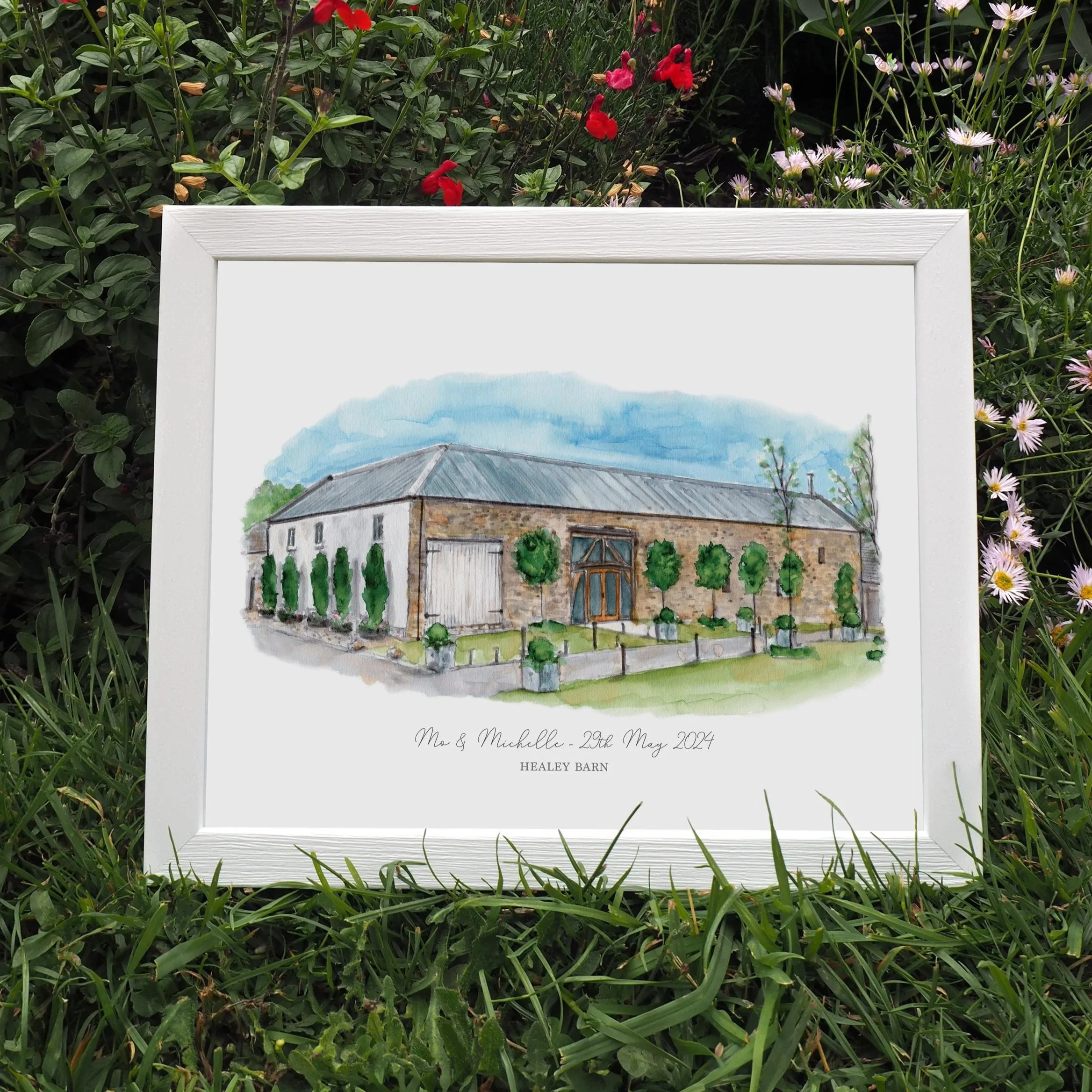 A framed personalised print of a watercolour illustration of wedding venue healey barn