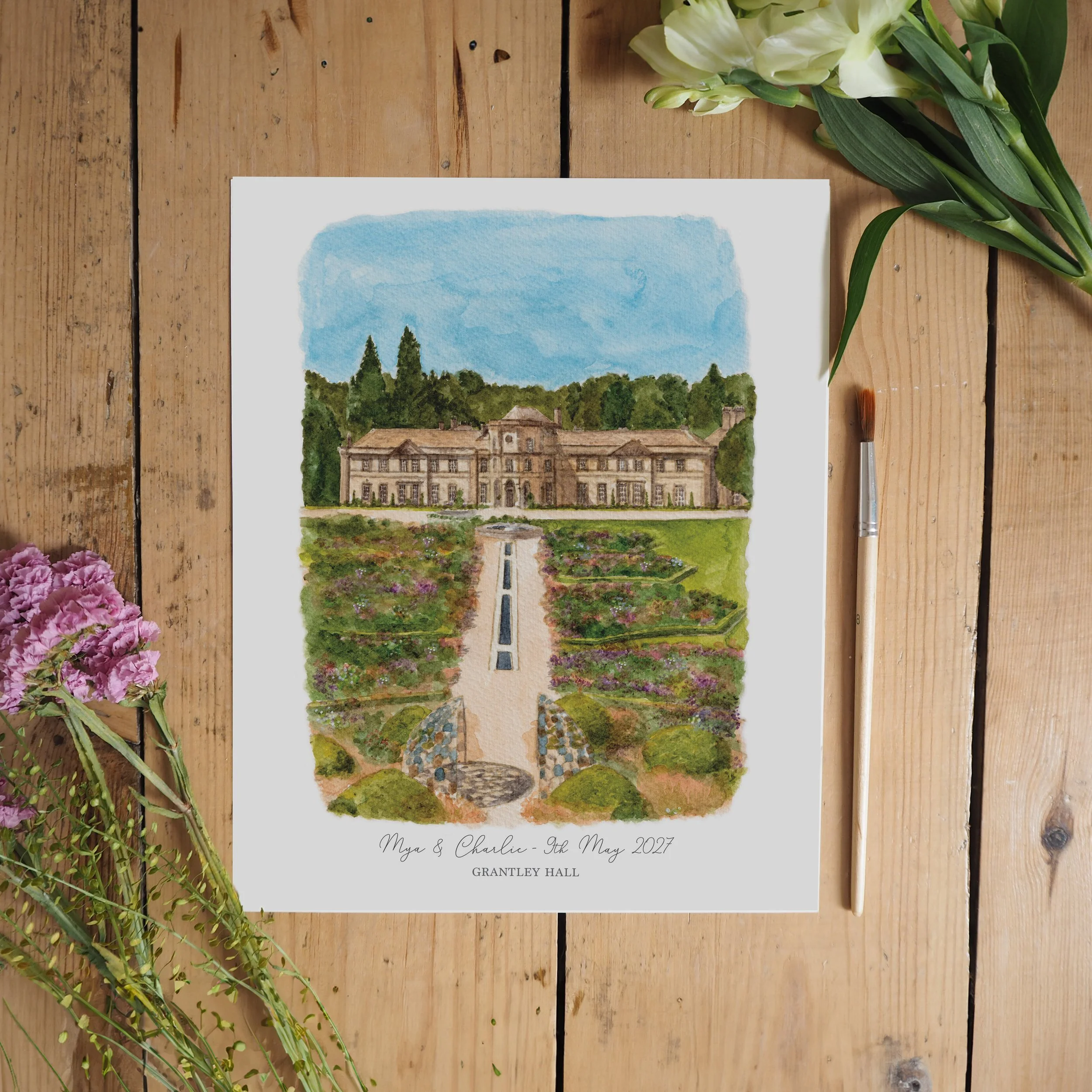 an unframed personalised print of a watercolour illustration of wedding venue Grantley Hall in Yorkshire