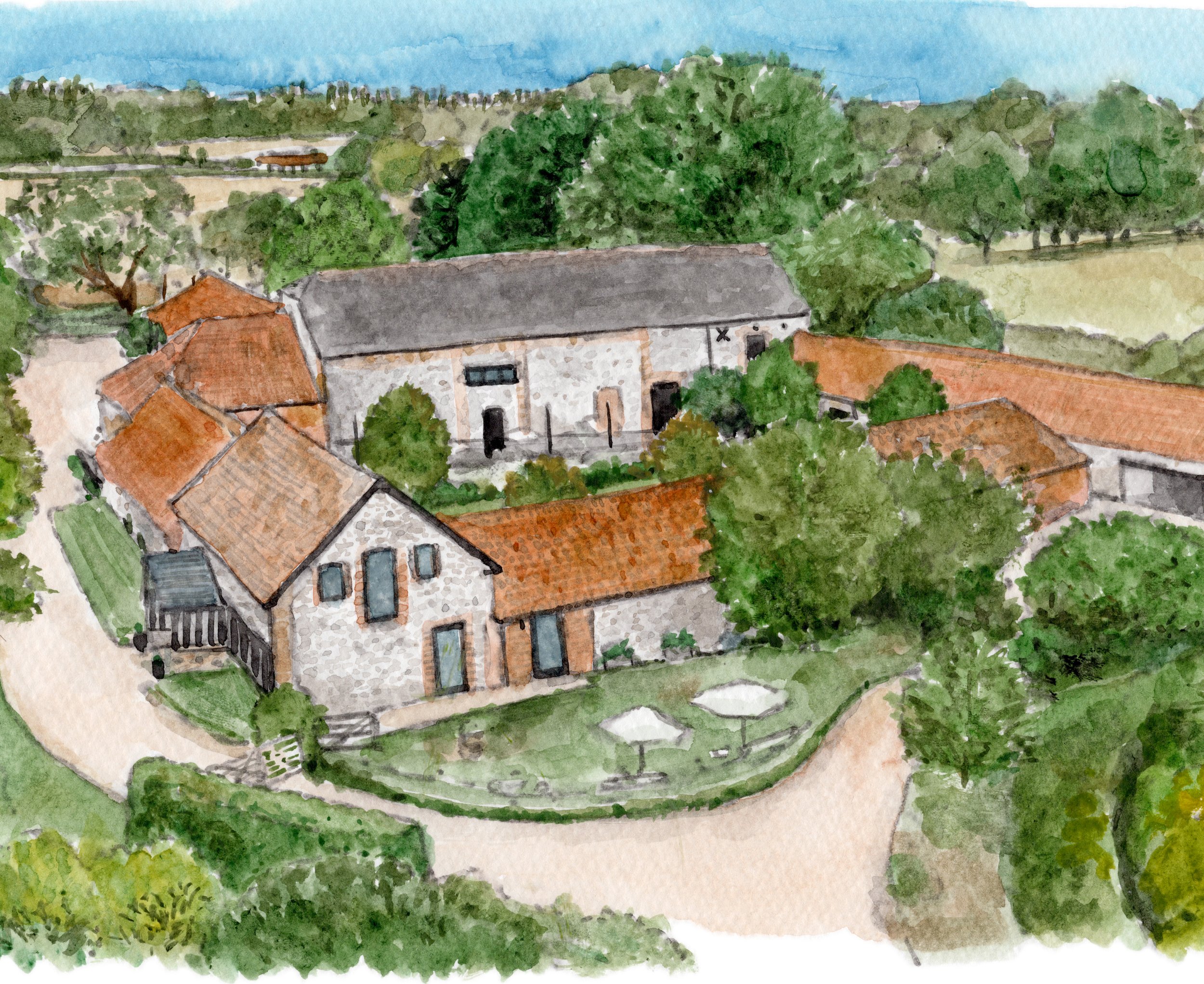 a watercolour painting of wedding venue The Granary Estates
