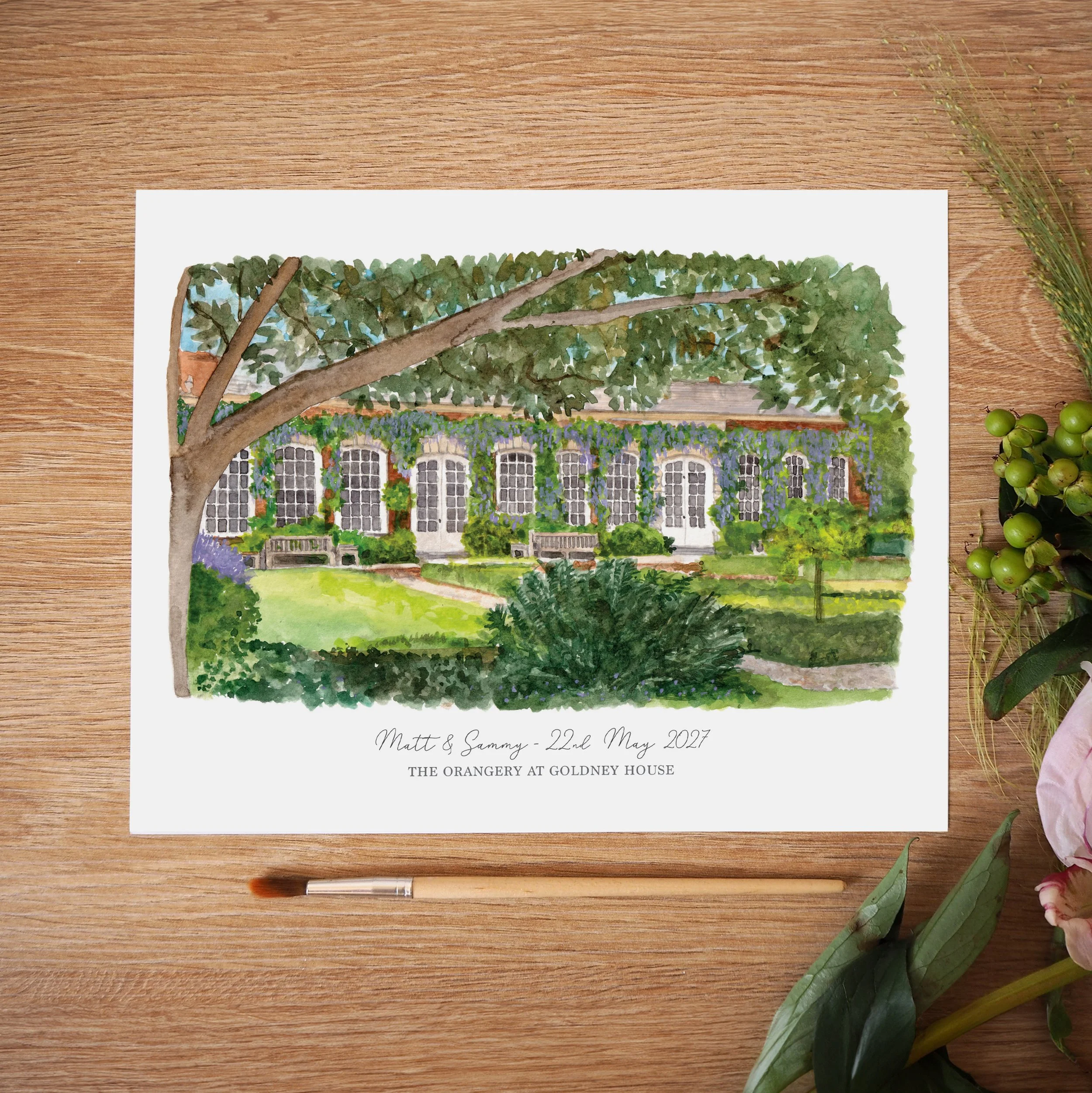 an unframed personalised print of a watercolour illustration of The Orangery at Goldney House