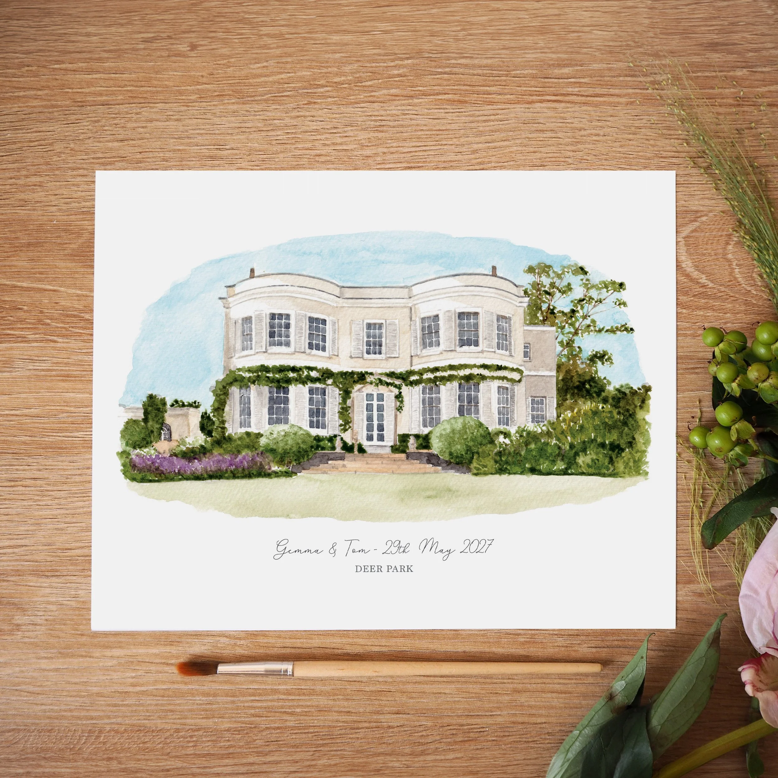 An unframed personalised print of a watercolour illustration of wedding venue Deer Park in Devon