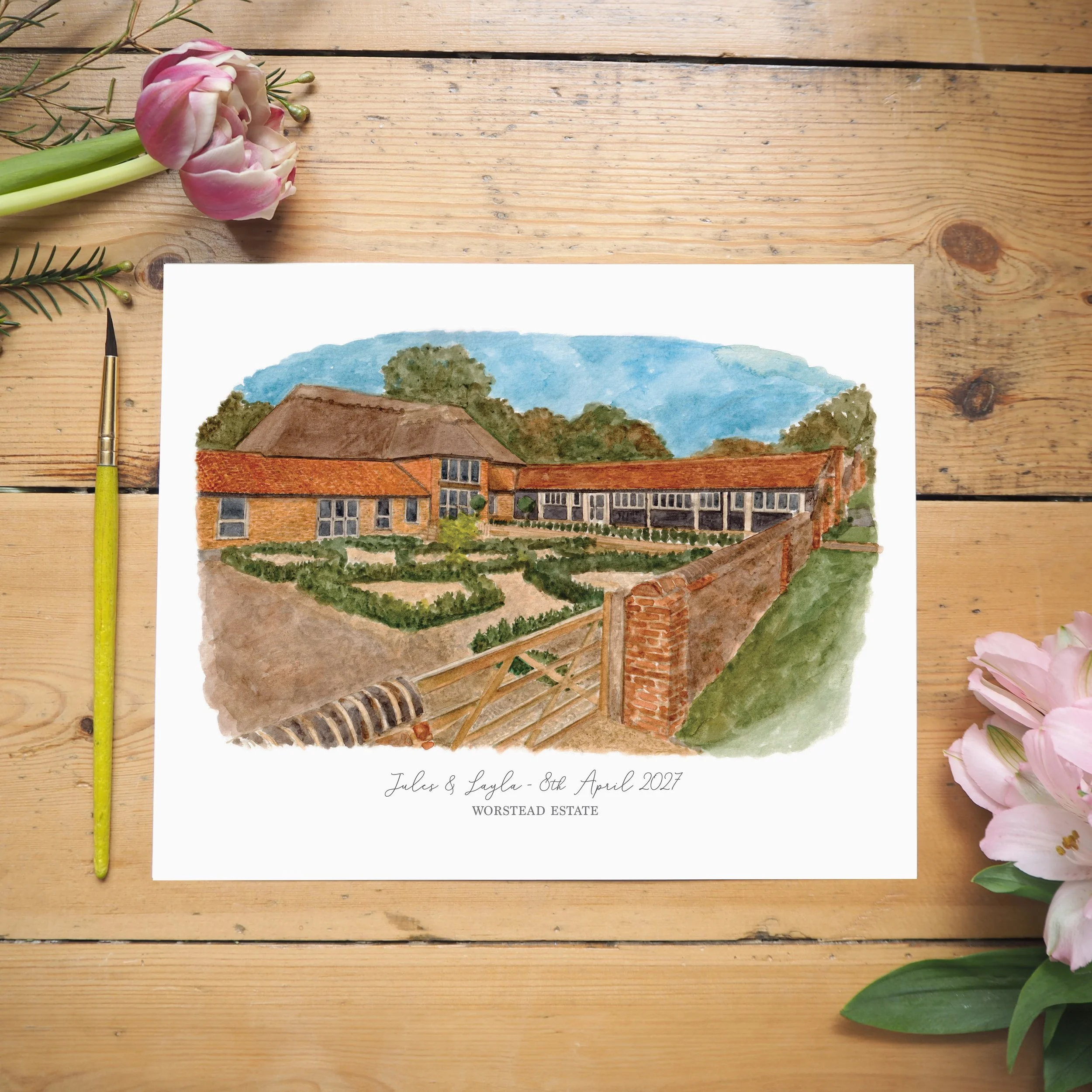 an unframed personalised print of a watercolour painting of wedding venue Worstead Estate in Norfolk