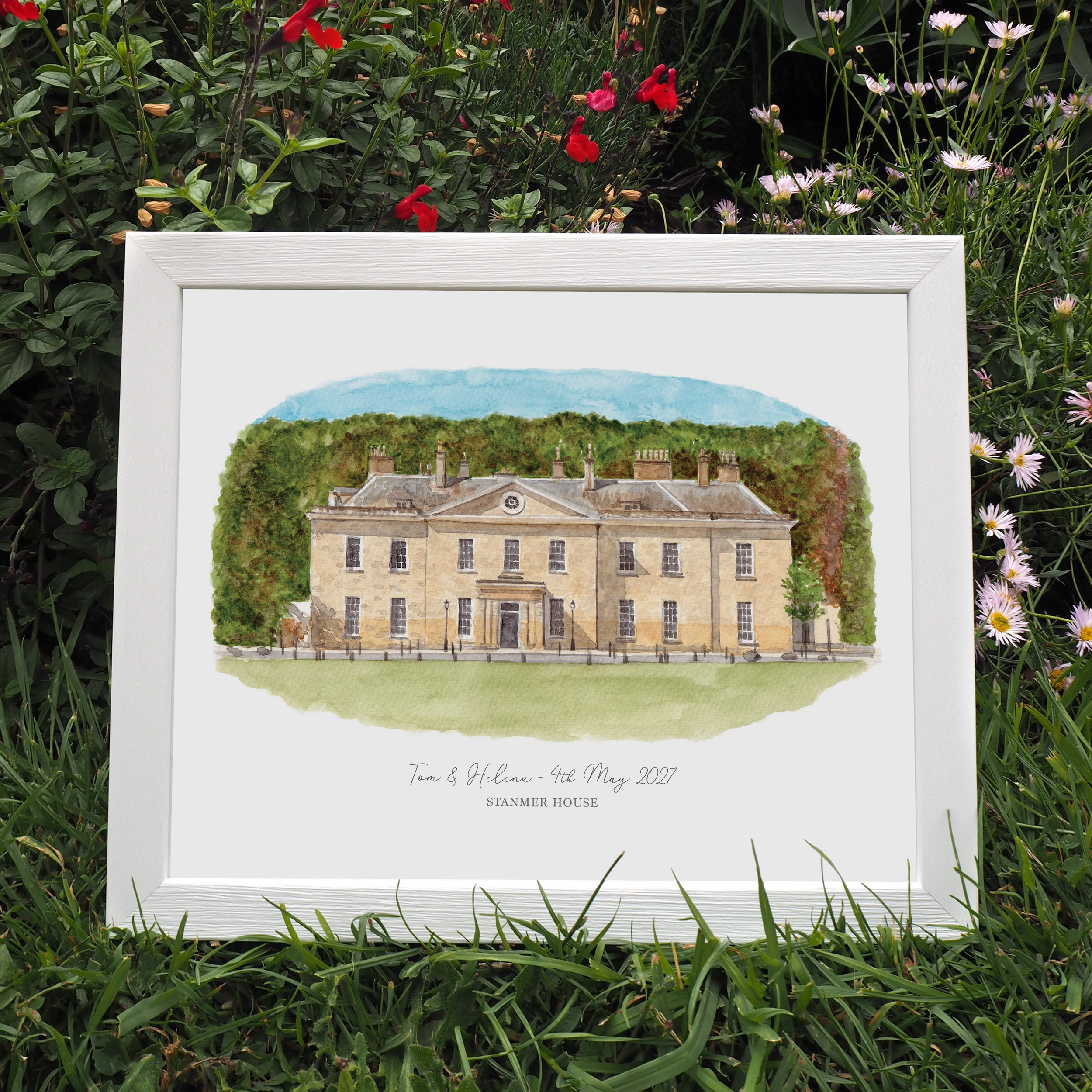 a framed personalised print of a watercolour painting of wedding venue Stanmer House