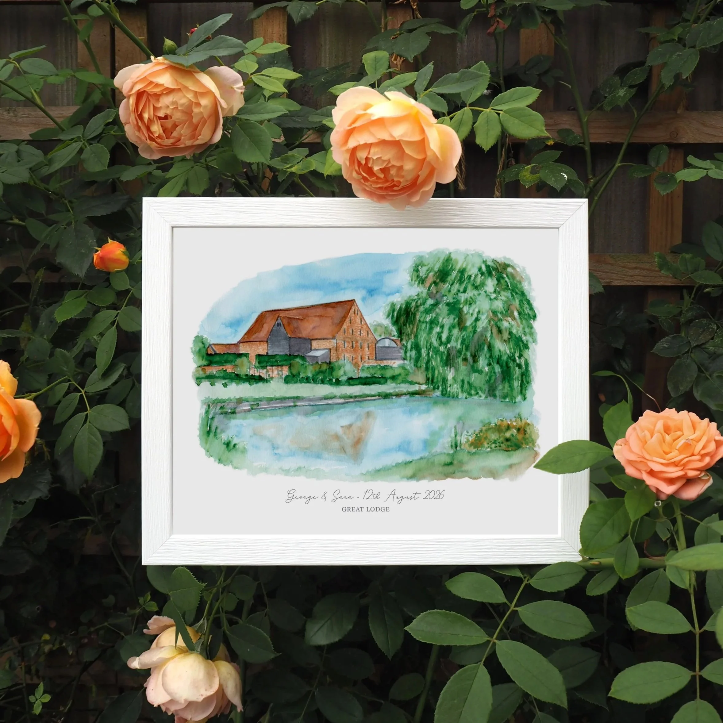 A framed personalised print of a watercolour painting of wedding venue Great Lodge