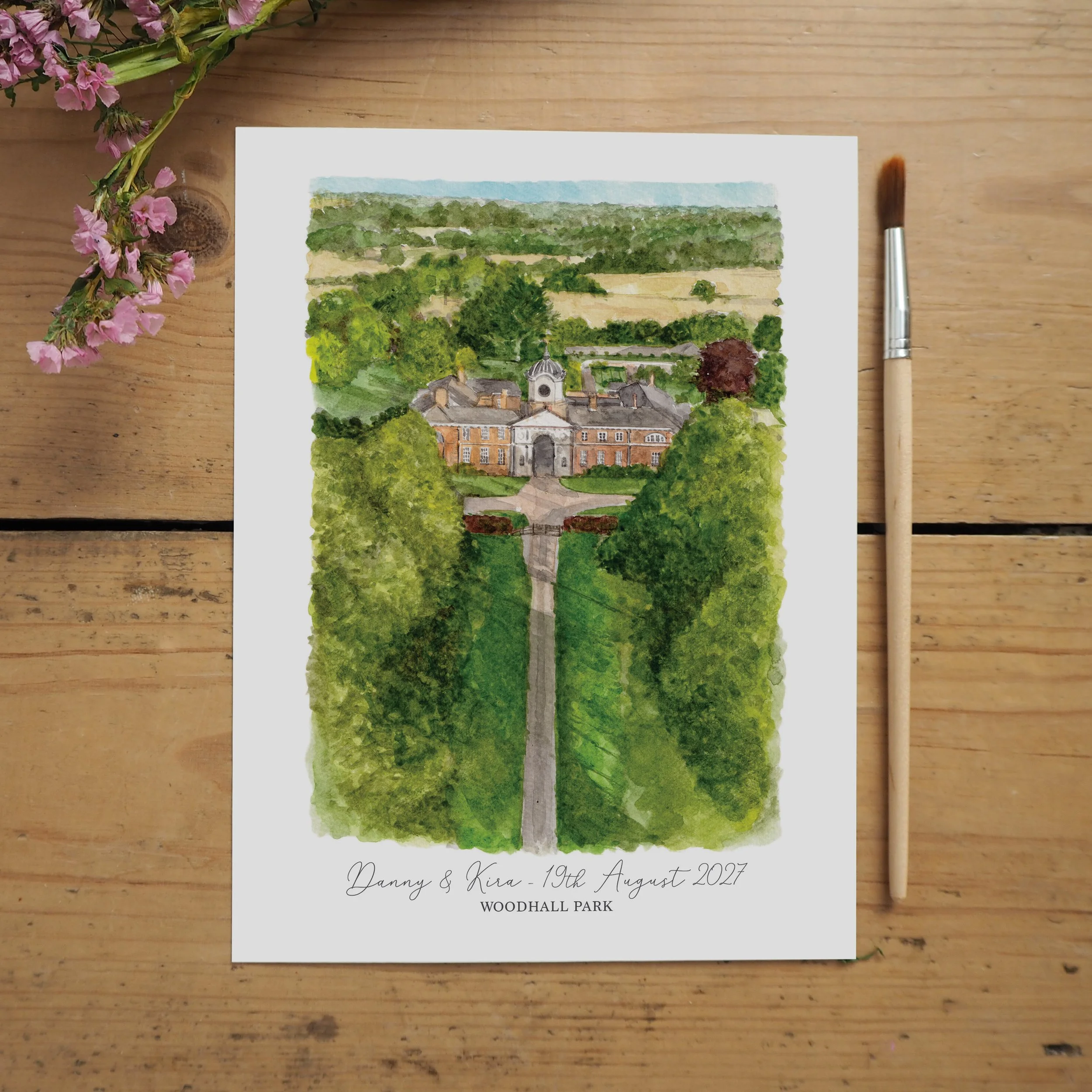 An unframed personalised print of a watercolour illustration of wedding venue Woodhall Park in Hertfordshire
