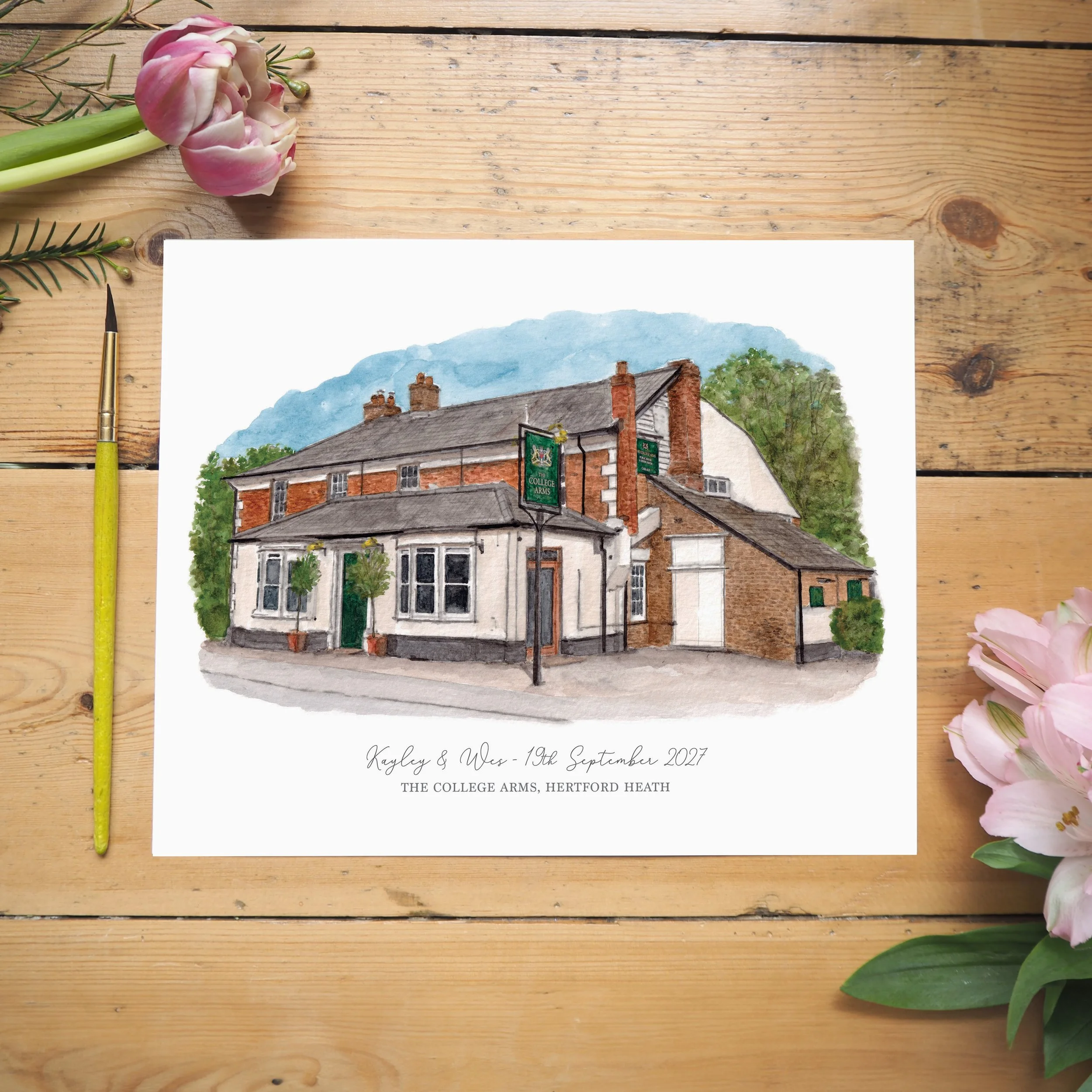 an unframed personalised print of a watercolour illustration of The College Arms pub, Hertford Heath