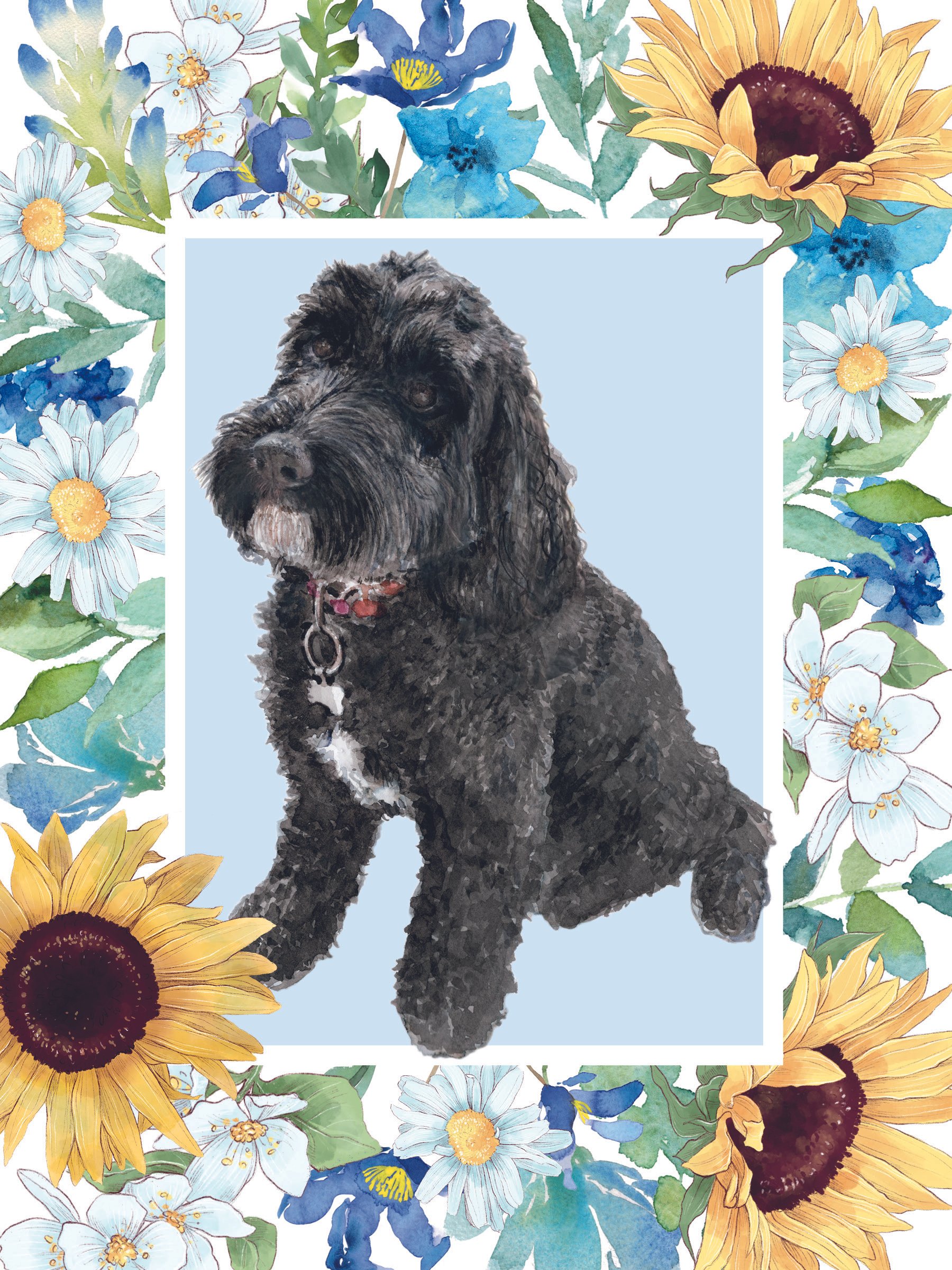 A watercolour painting of a black dog with white patches, on a blue background, with a blue and yellow floral border