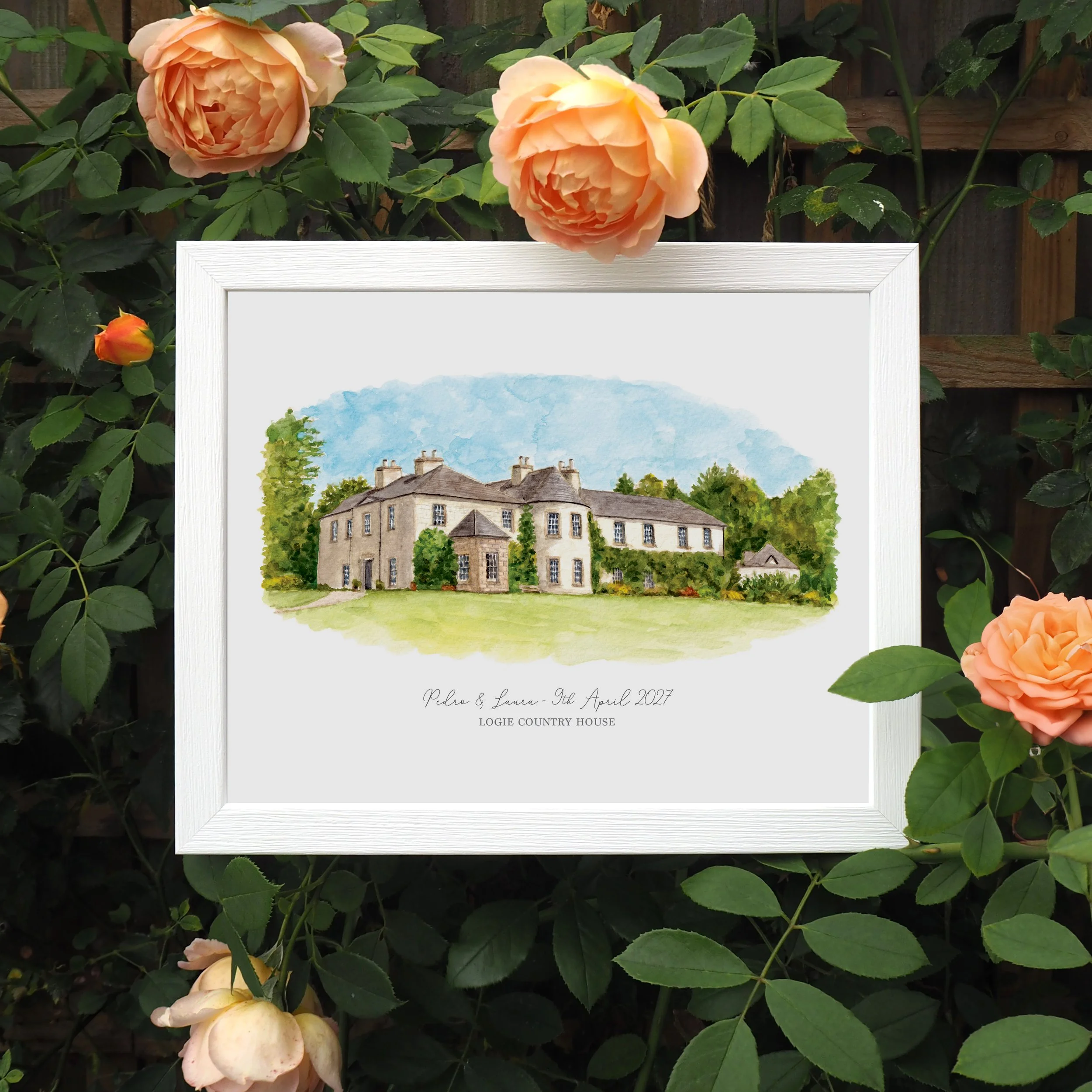 a framed personalised print of a watercolour illustration of wedding venue Logie Country House