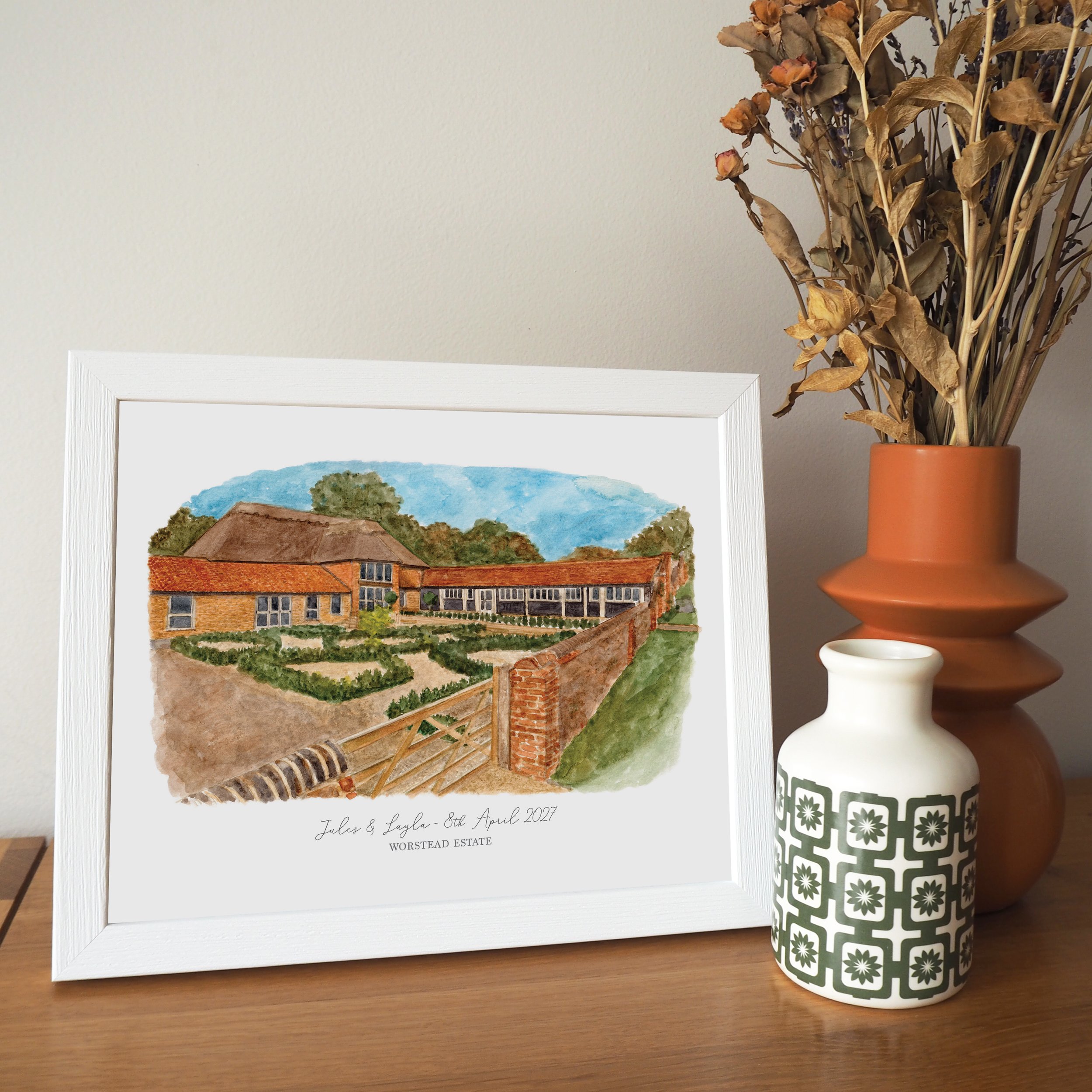 a framed personalised print of a watercolour painting of wedding venue Worstead Estate in Norfolk
