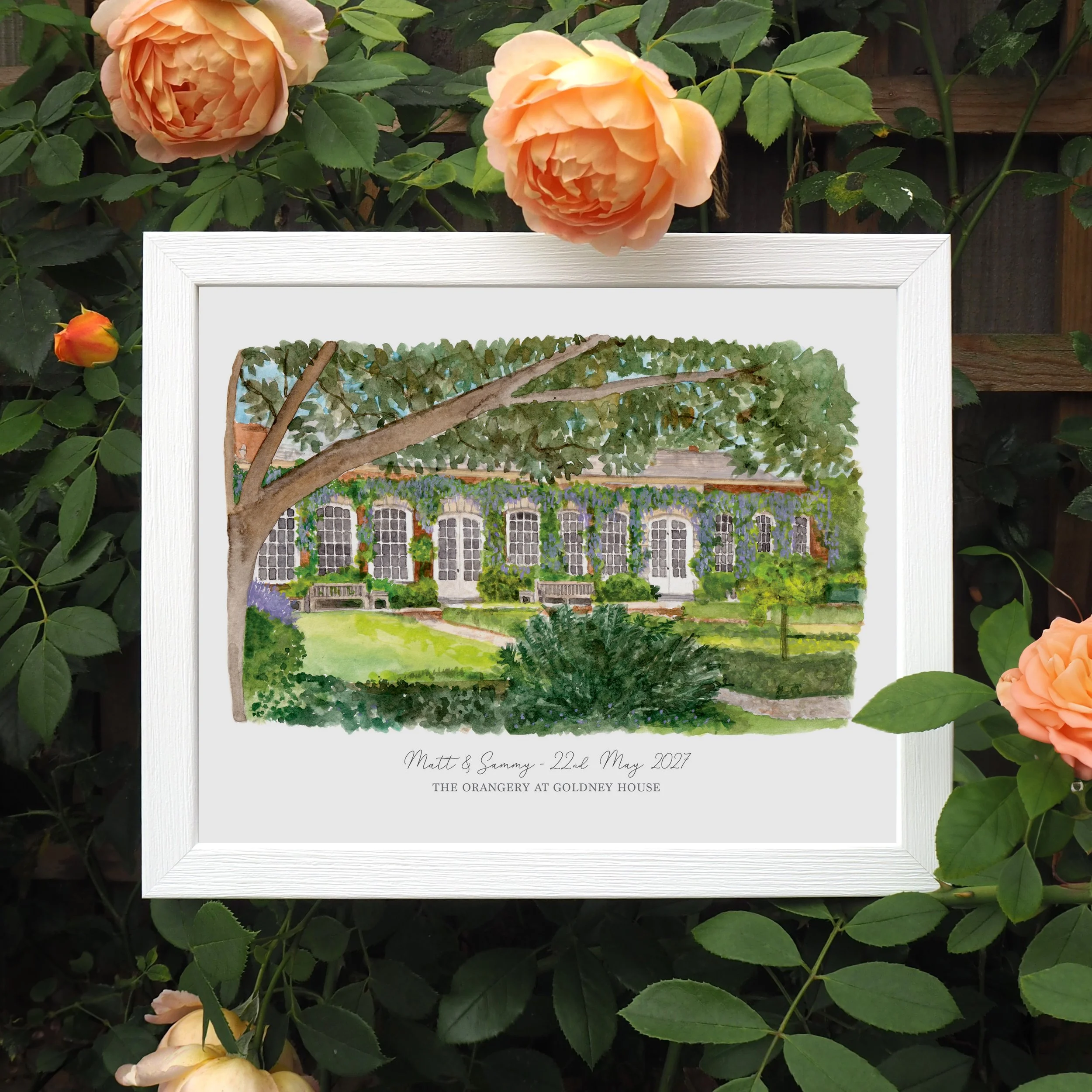 a framed personalised print of a watercolour illustration of The Orangery at Goldney House