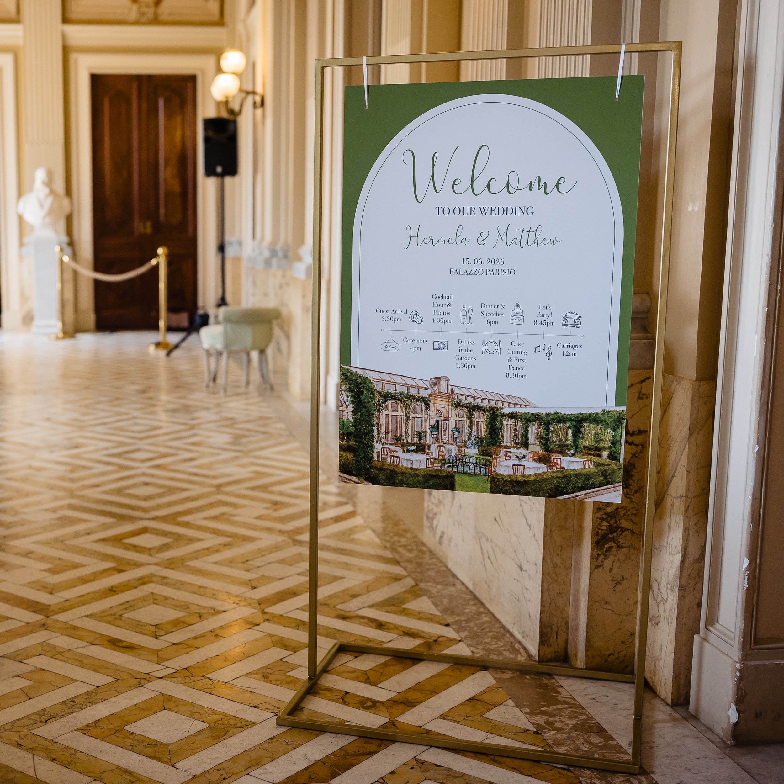 A wedding welcome sign illustrated with a watercolour venue portrait. Photo by Shane P. Watts Photography