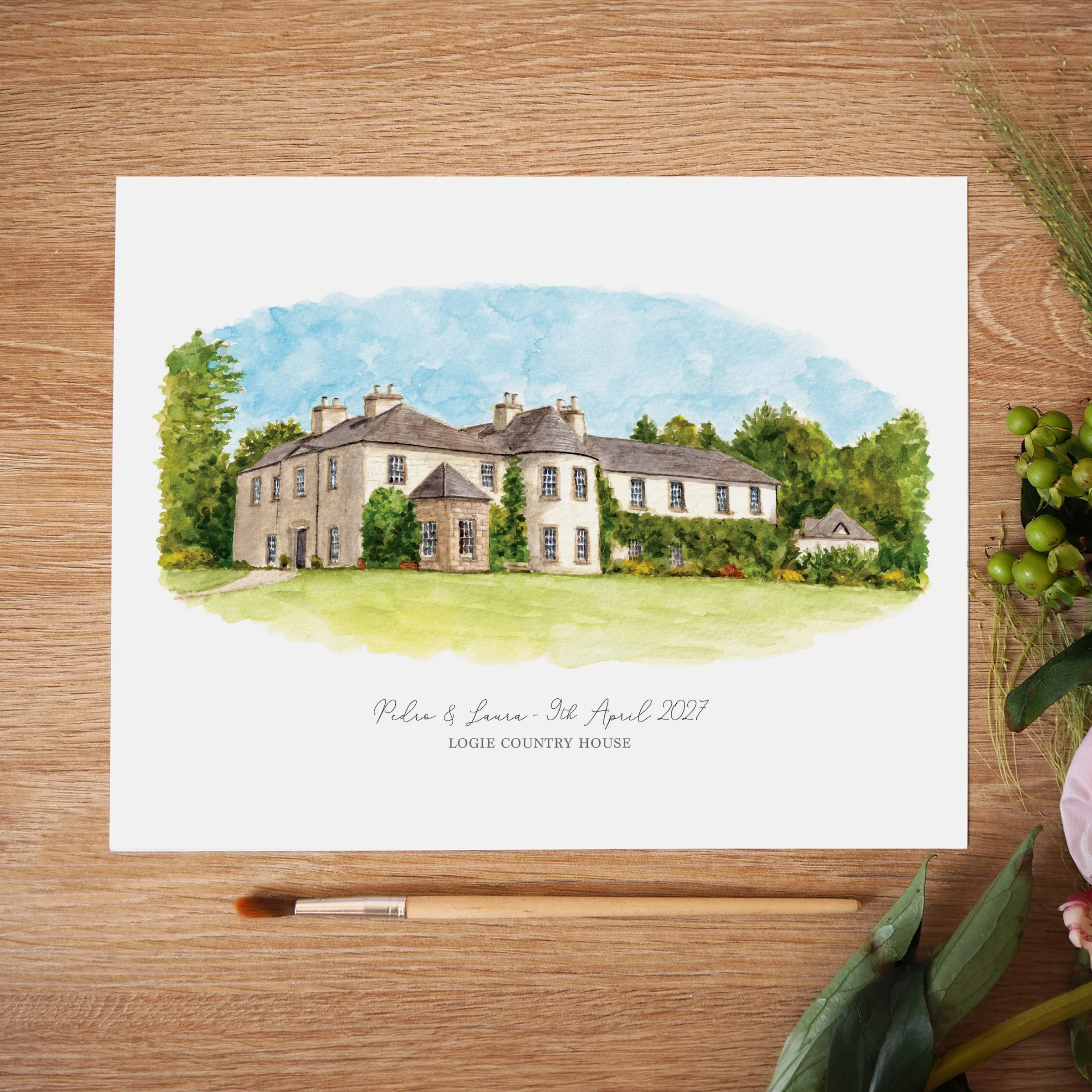 an unframed personalised print of a watercolour illustration of wedding venue Logie Country House