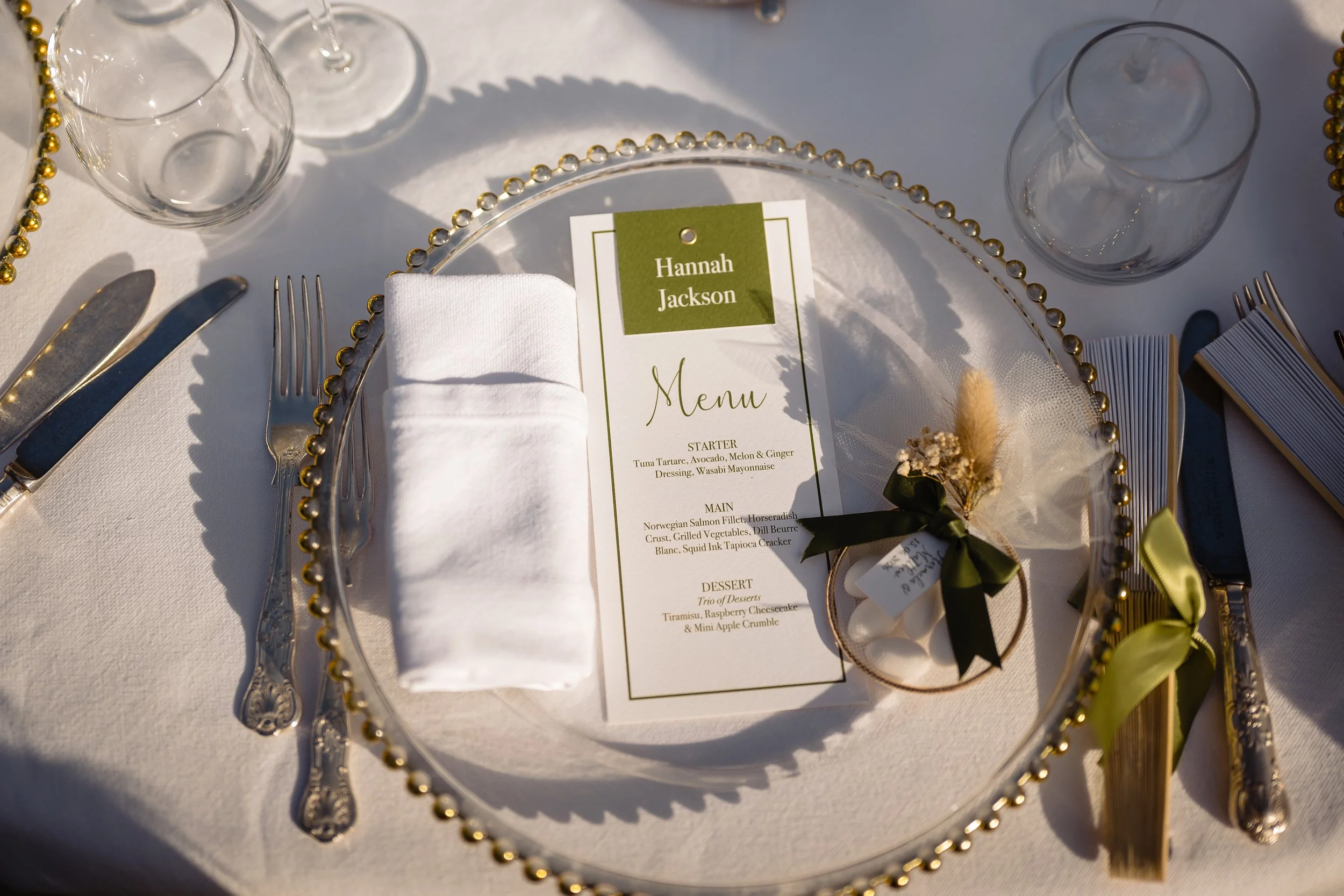 Personalised olive green and white wedding menus with name tags. Photo by Shane P. Watts Photography