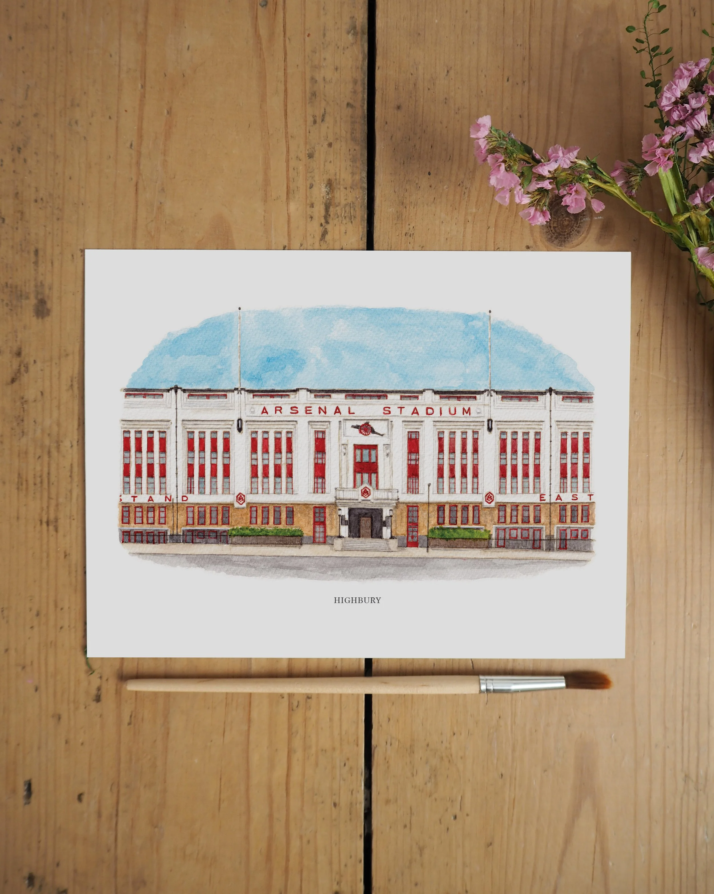 an unframed personalised print of a watercolour painting of Highbury (Arsenal Stadium)