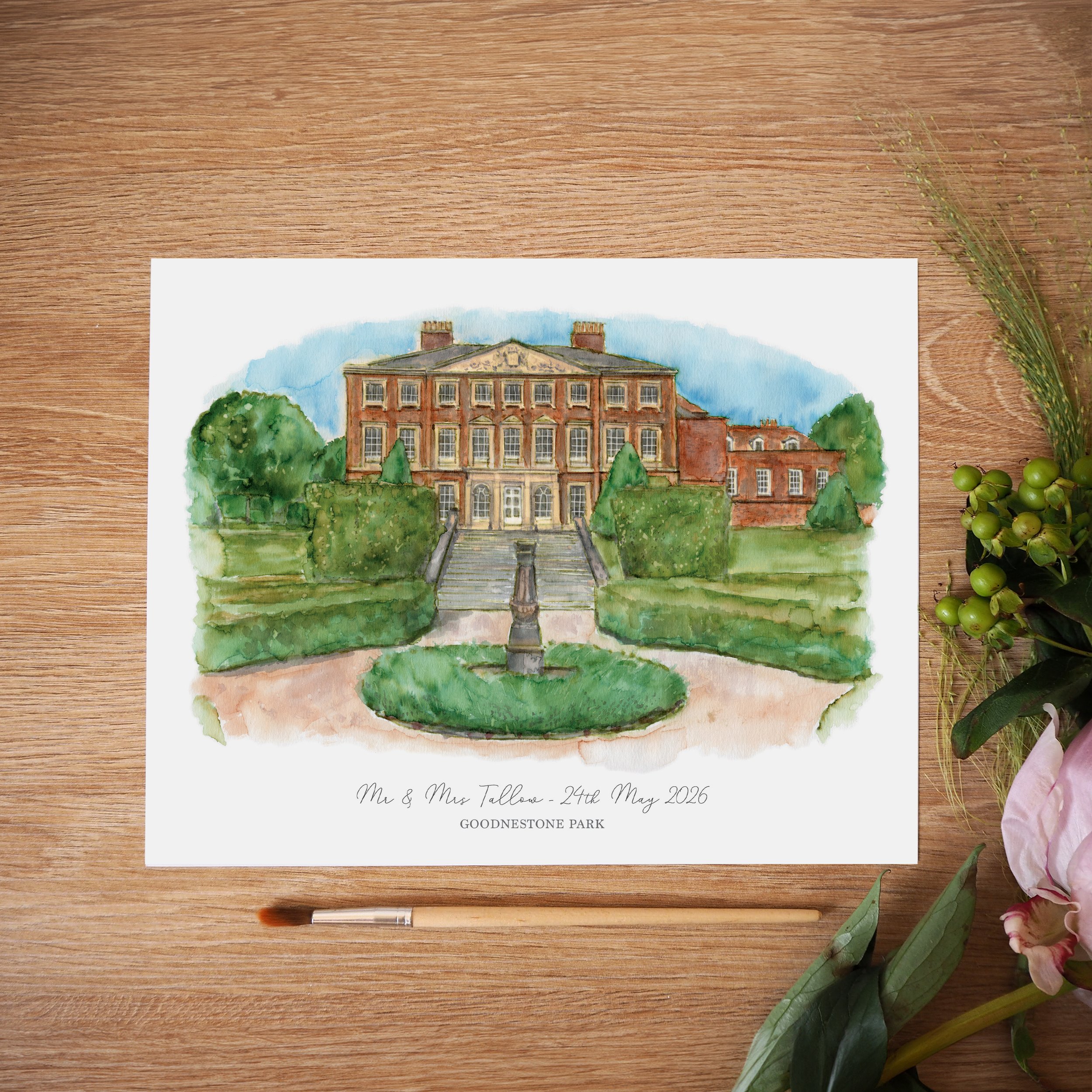 An unframed personalised print of a watercolour illustration of wedding venue Goodnestone Park