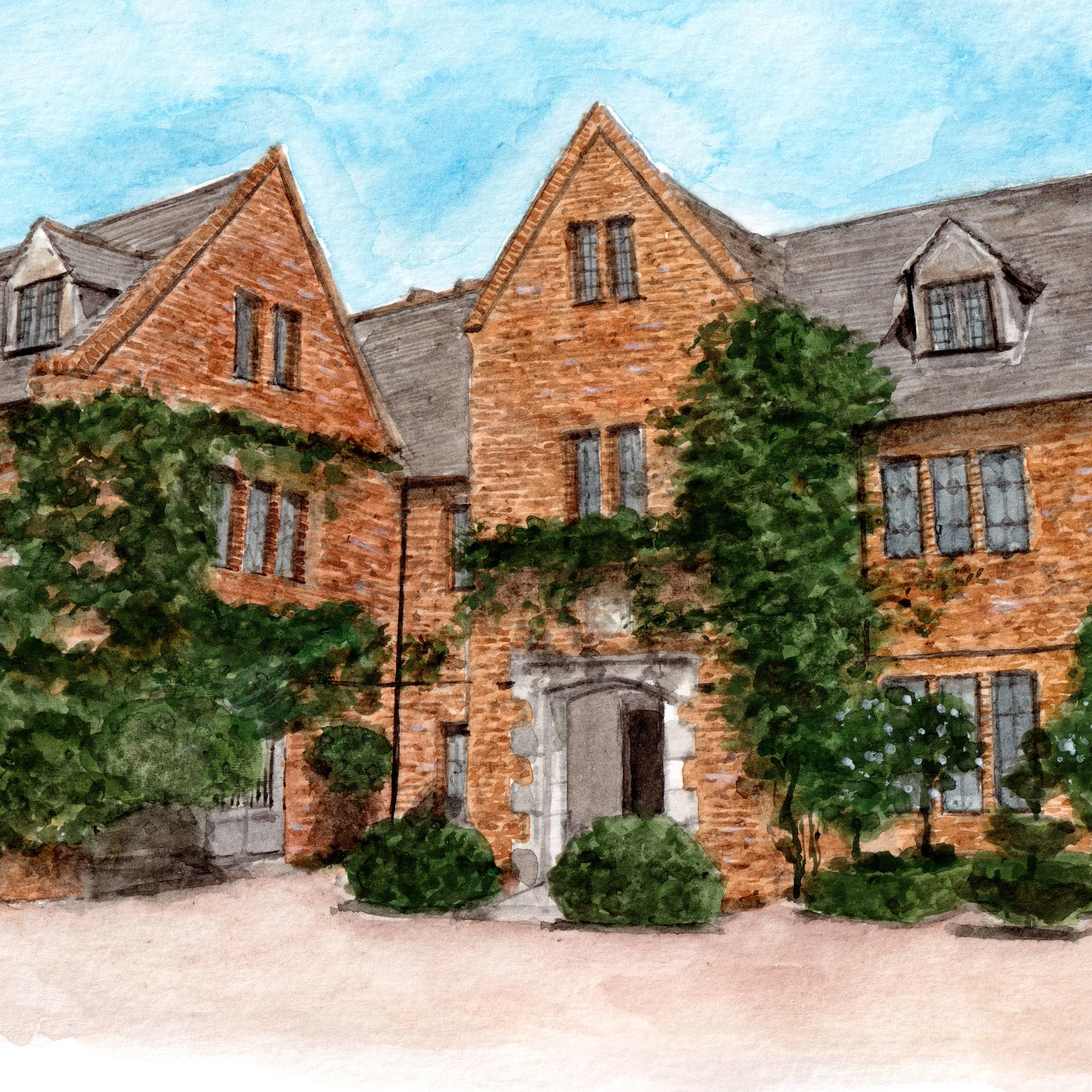 a watercolour illustration of wedding venue The Old Hall, Ely