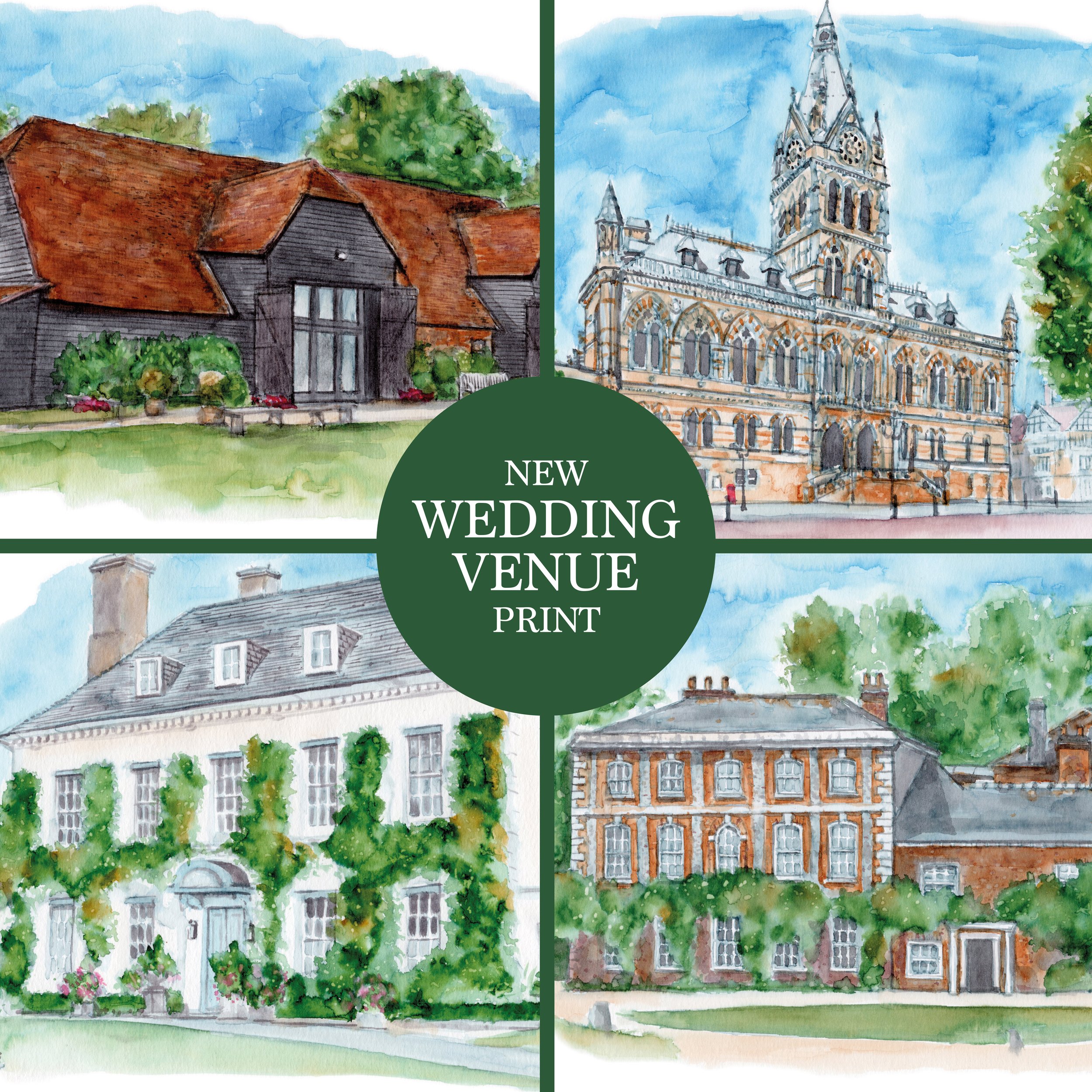A grid of 4 images of wedding venues painted in watercolour, with a green roundel saying 'new wedding venue print'