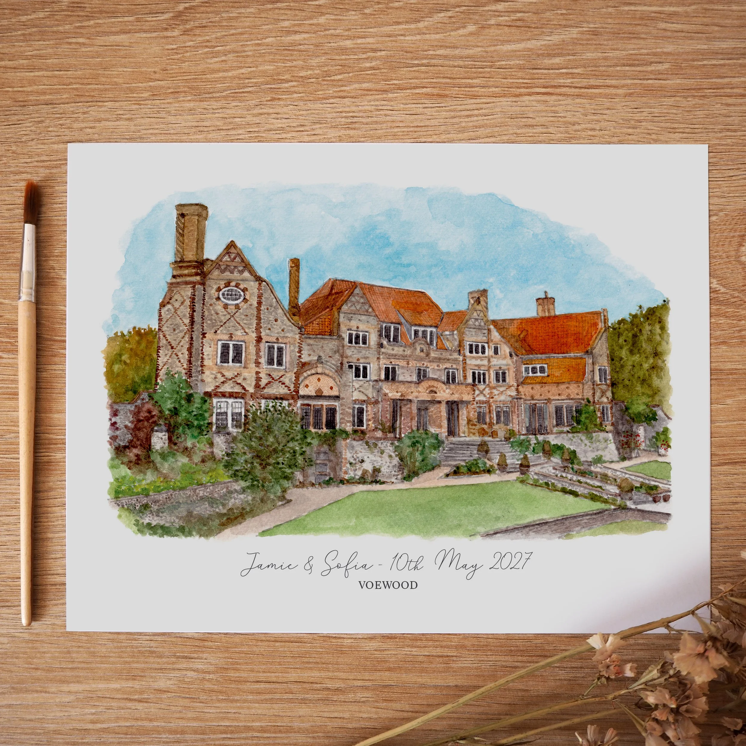 an unframed personalised print of a watercolour painting of wedding venue Voewood