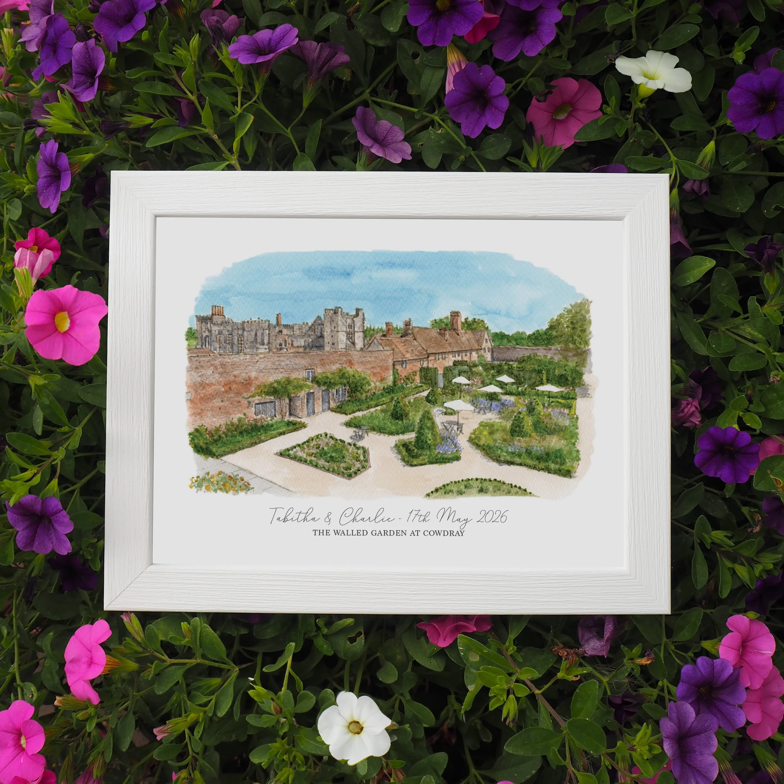 A framed personalised print of a watercolour illustration of wedding venue The Walled Garden at Cowdray