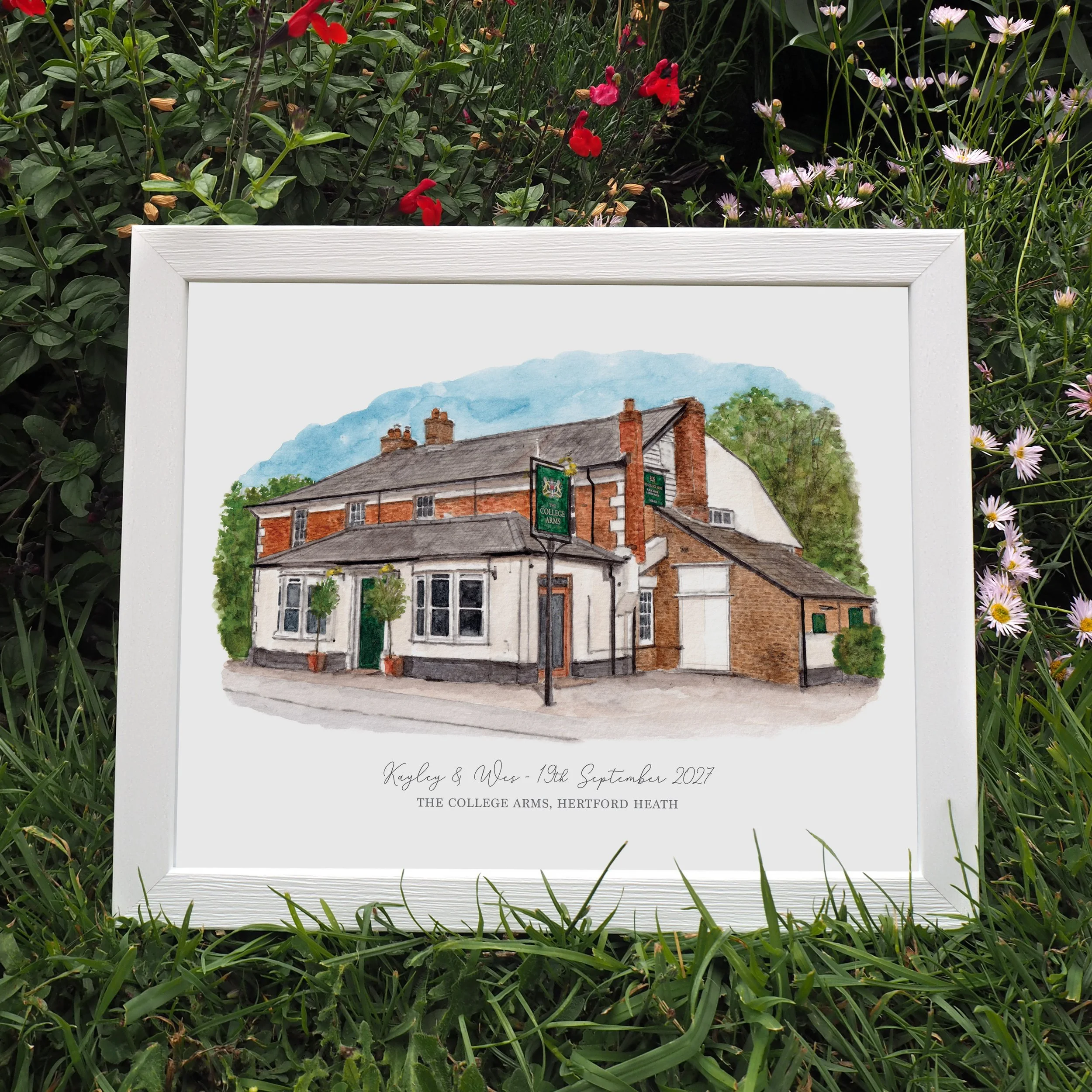 a framed personalised print of a watercolour illustration of The College Arms pub, Hertford Heath