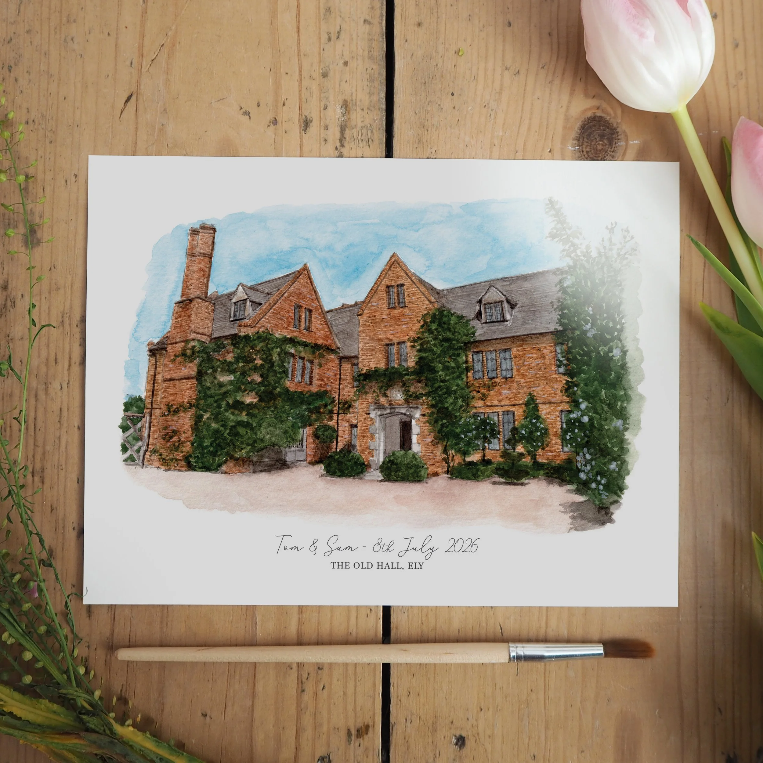 An unframed personalised print of a watercolour illustration of wedding venue The Old Hall, Ely