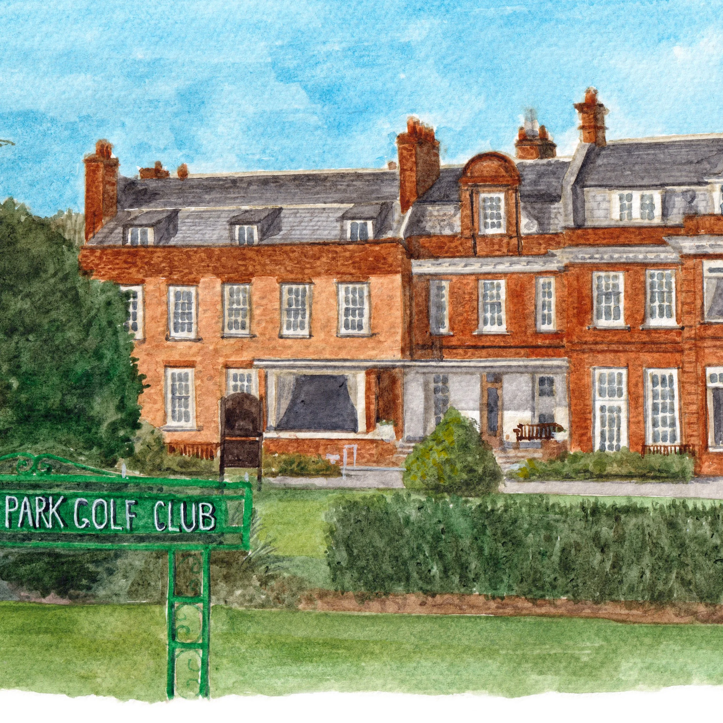 a watercolour illustration of Bush Hill Park Golf Club