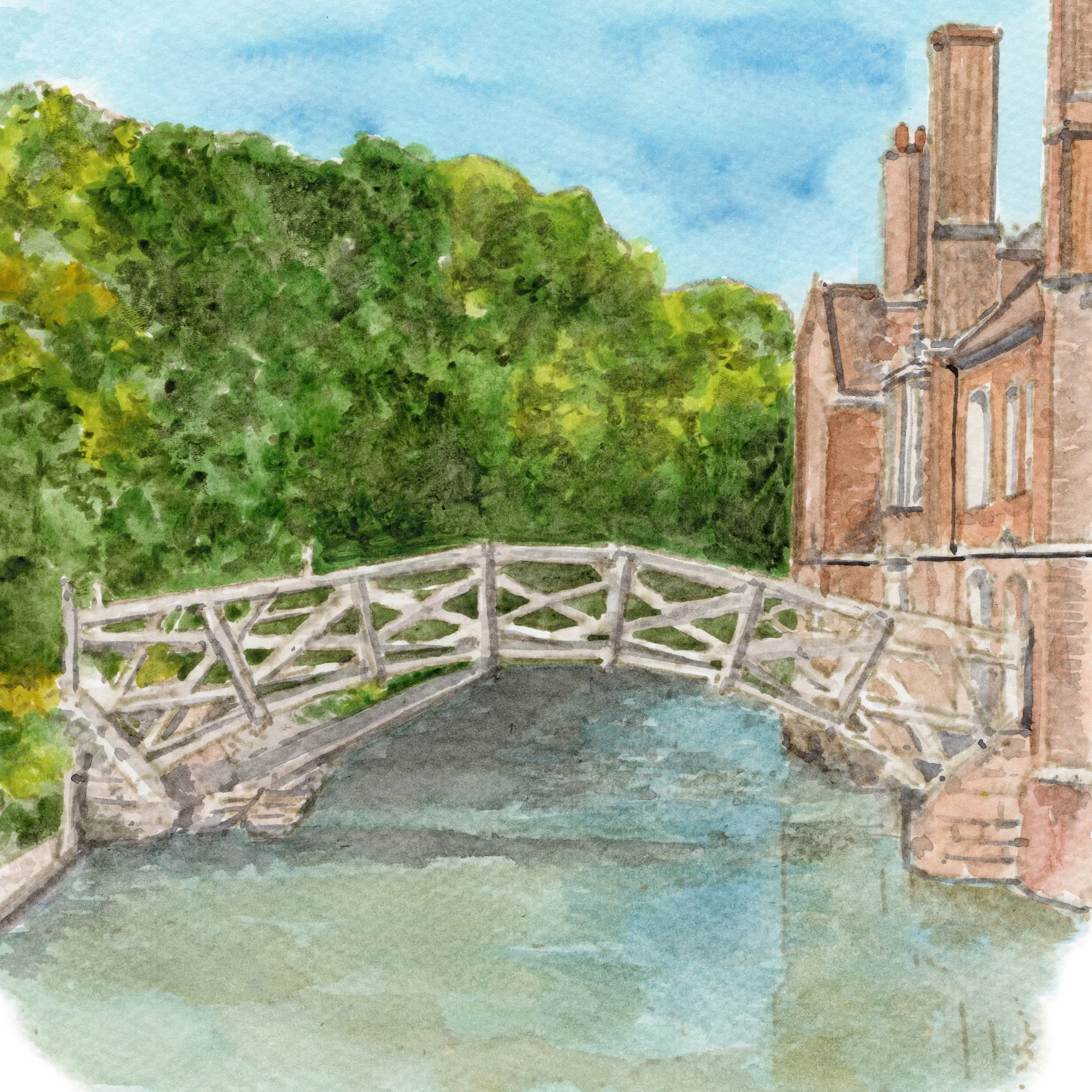 watercolour illustration of The Mathematical Bridge, Queen's College, Cambridge