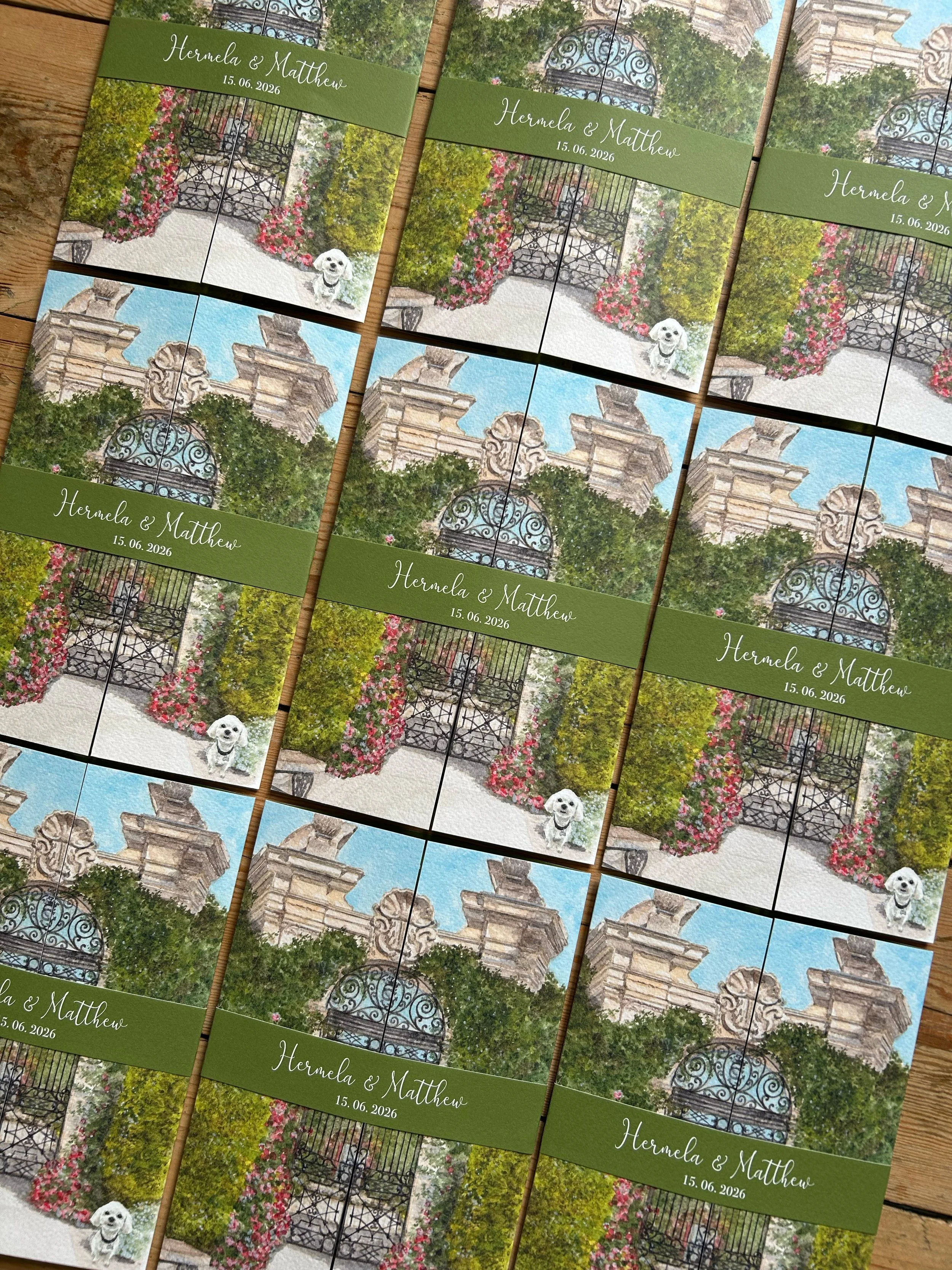 Bridgerton inspired gatefold wedding invites with watercolour gate illustration and green belly band