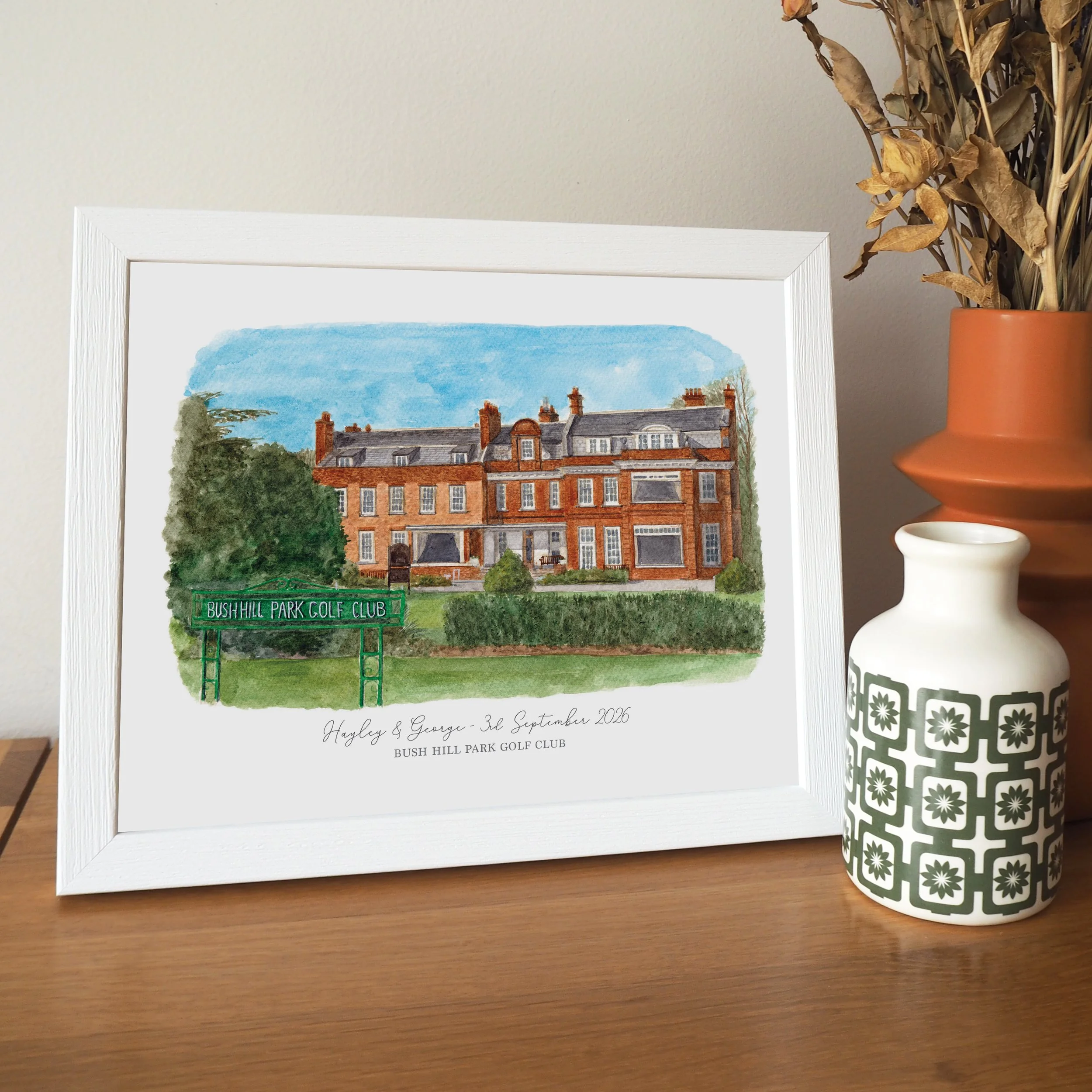 a framed personalised print of a watercolour illustration of Bush Hill Park Golf Club