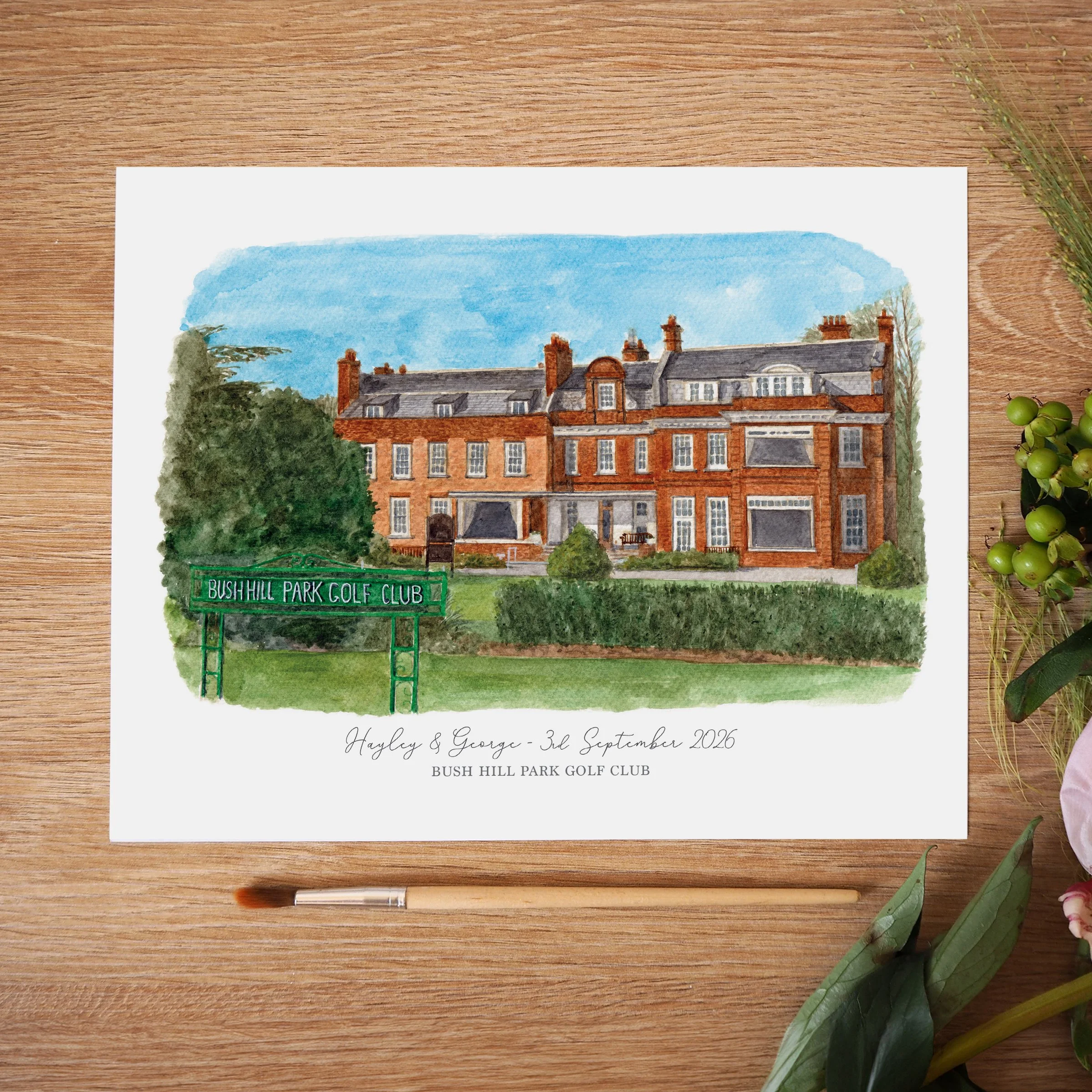 an unframed personalised print of a watercolour illustration of Bush Hill Park Golf Club