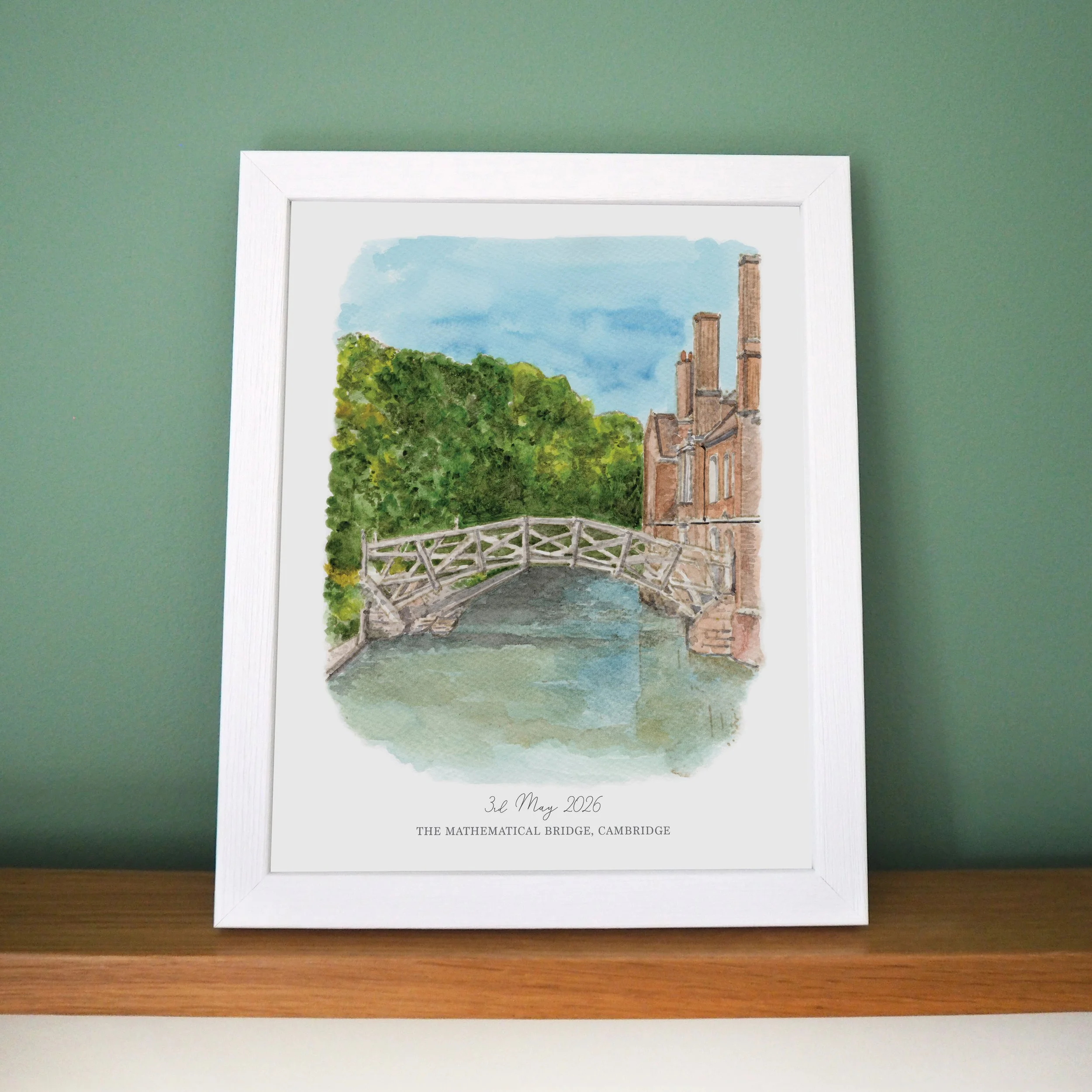 A framed personalised print of a watercolour illustration of The Mathematical Bridge, Cambridge