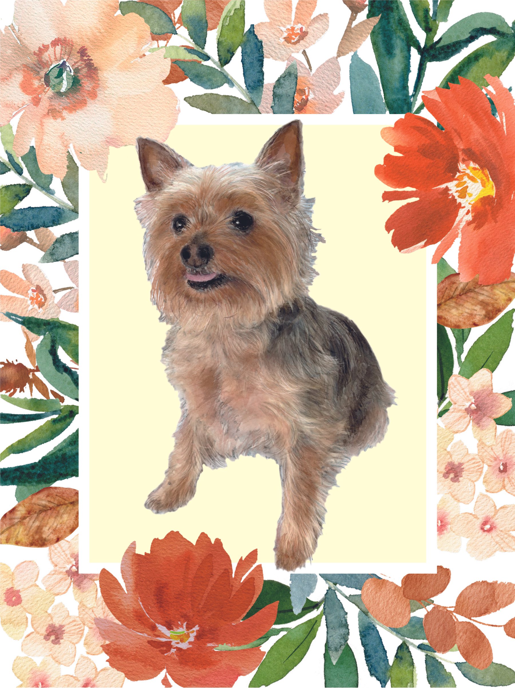 A watercolour painting of a jack russell/ yorkshire terrier dog with an autumnal floral border.