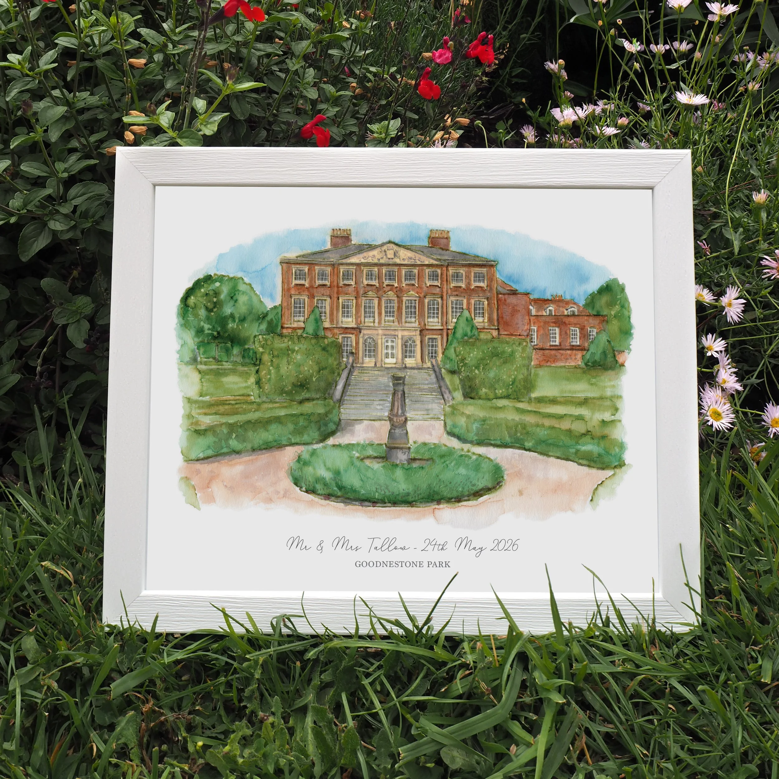 A framed print of a watercolour illustration of wedding venue Goodnestone Park