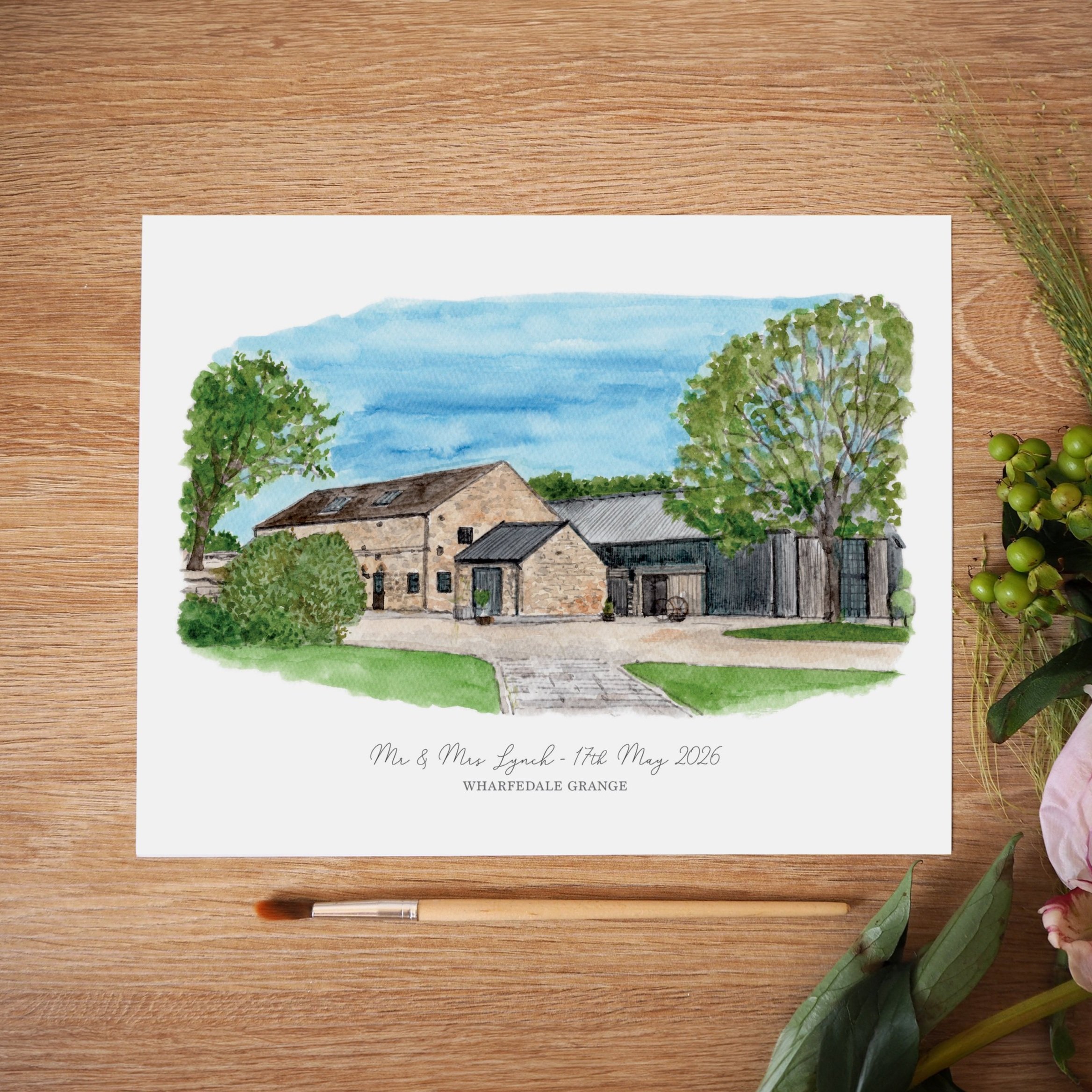 An unframed personalised print of a watercolour illustration of wedding venue Wharfedale Grange