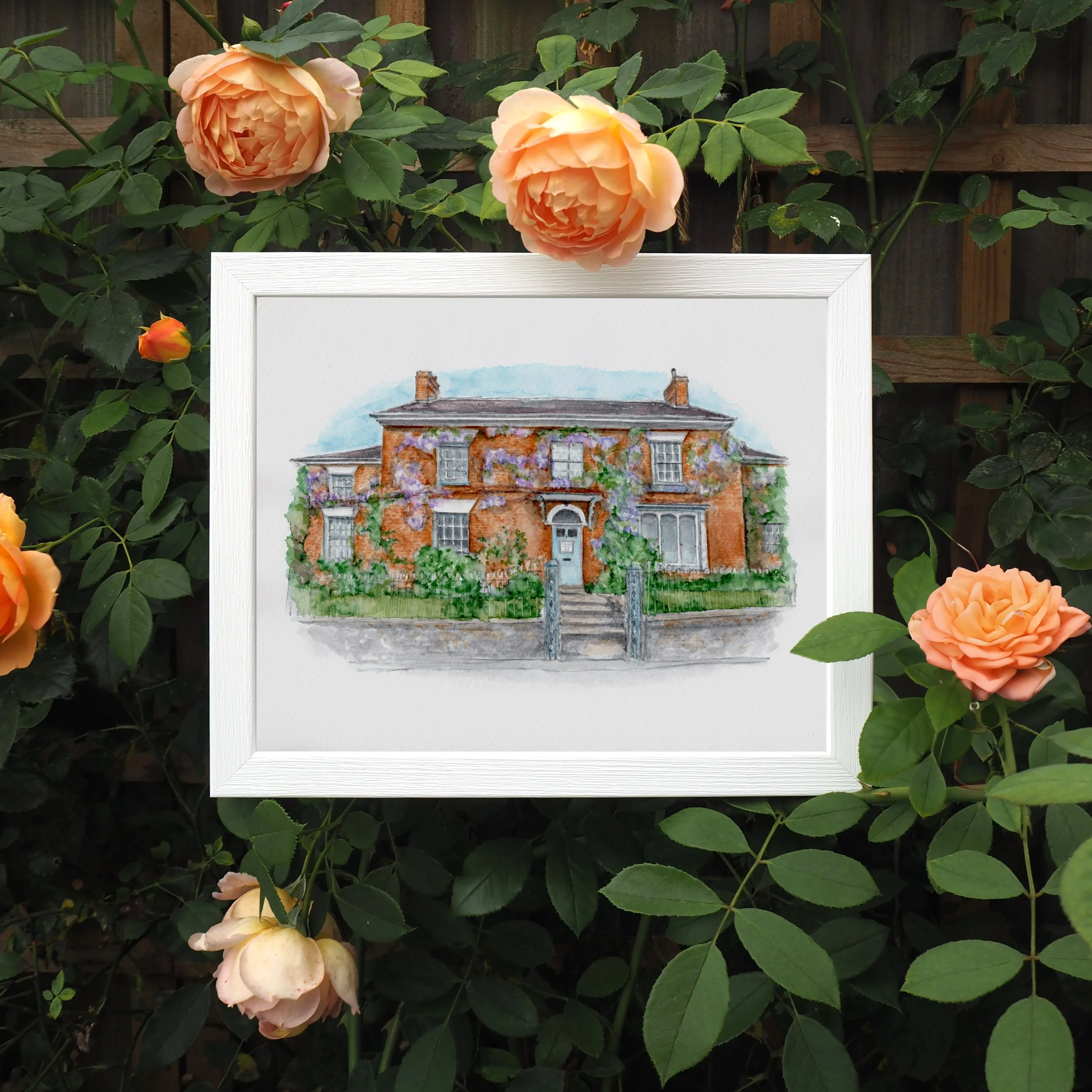 A framed watercolour painting of a cottage with purple wisteria