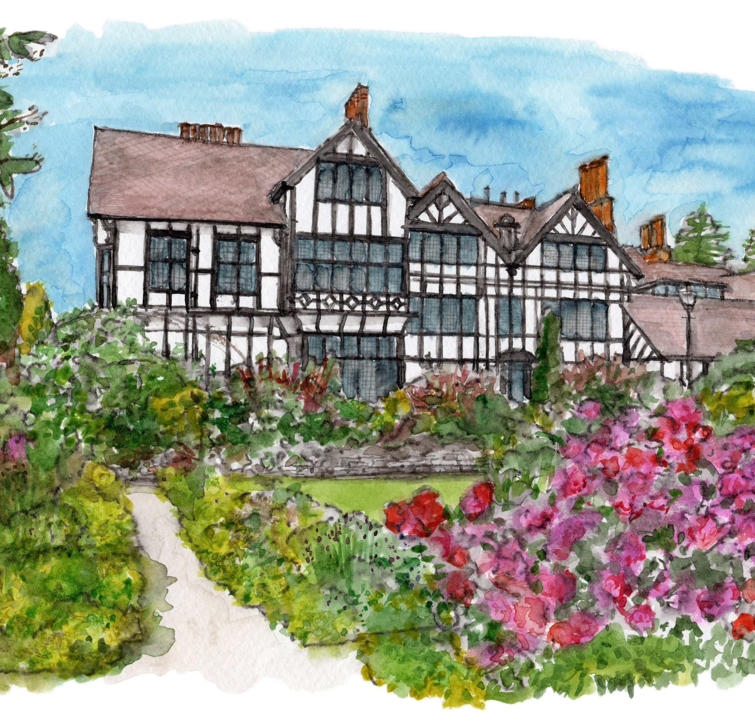 Watercolour painting of Bhaktivedanta Manor temple in Watford