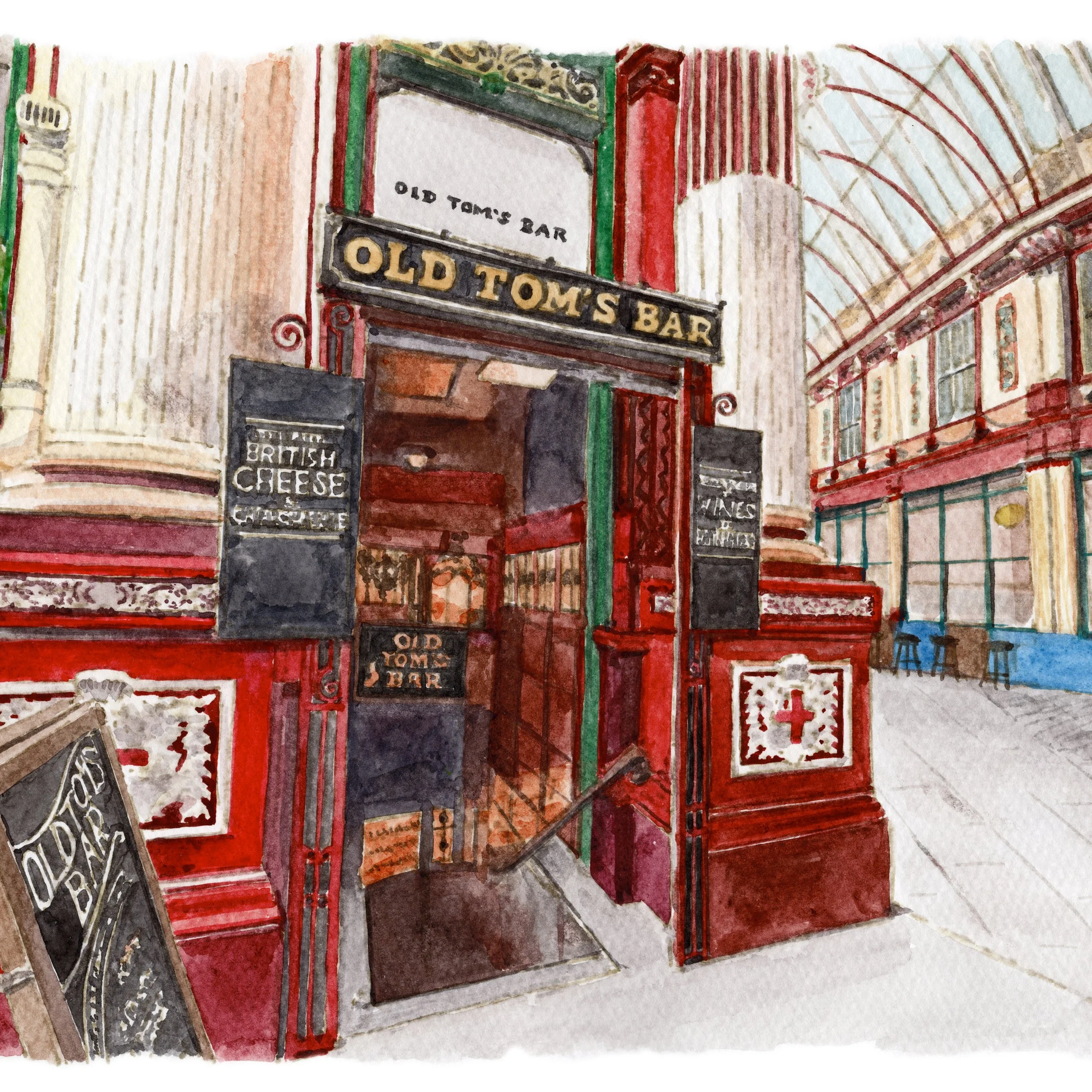 a watercolour illustration of Old Tom's Bar, Leadenhall Market, London