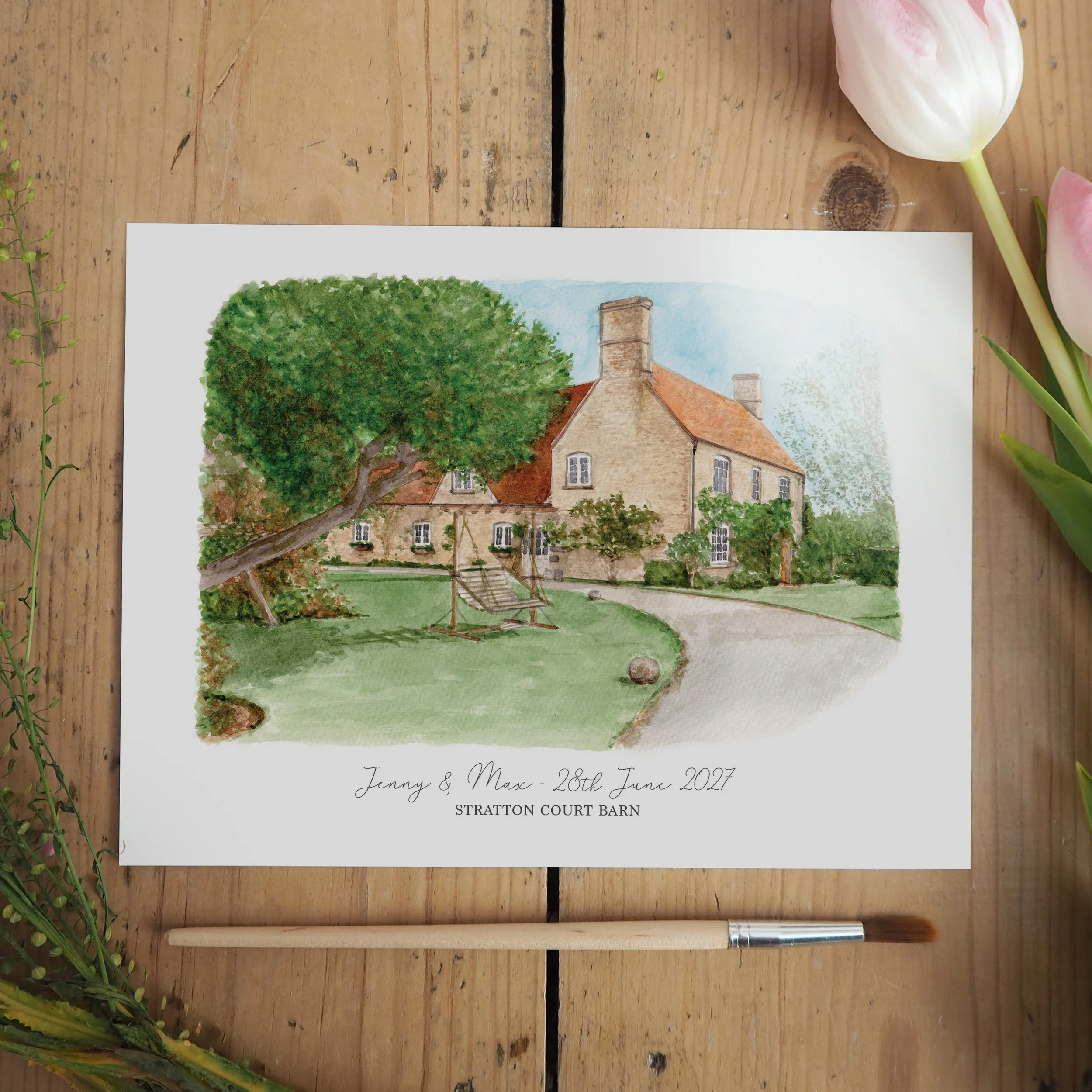 an unframed personalised print of a watercolour painting of wedding venue Stratton Court Barn