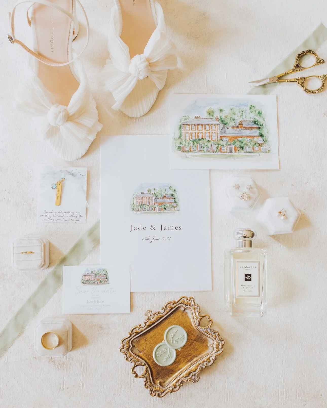 DIY wedding stationery featuring A Little Brush watercolour artwork of Syrencot wedding venue. Image by Honeydew Moments